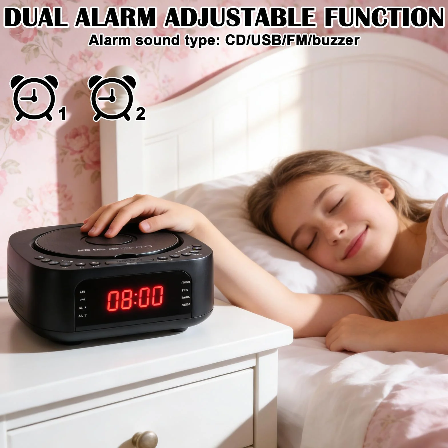 Lettore CD portatile con Bluetooth, radio FM, lettore CD MP3 con doppio altoparlante stereo, sveglia, SleepTimer, lettore CD ricaricabile, supporta USB/AUX, display grande, telecomando, nero