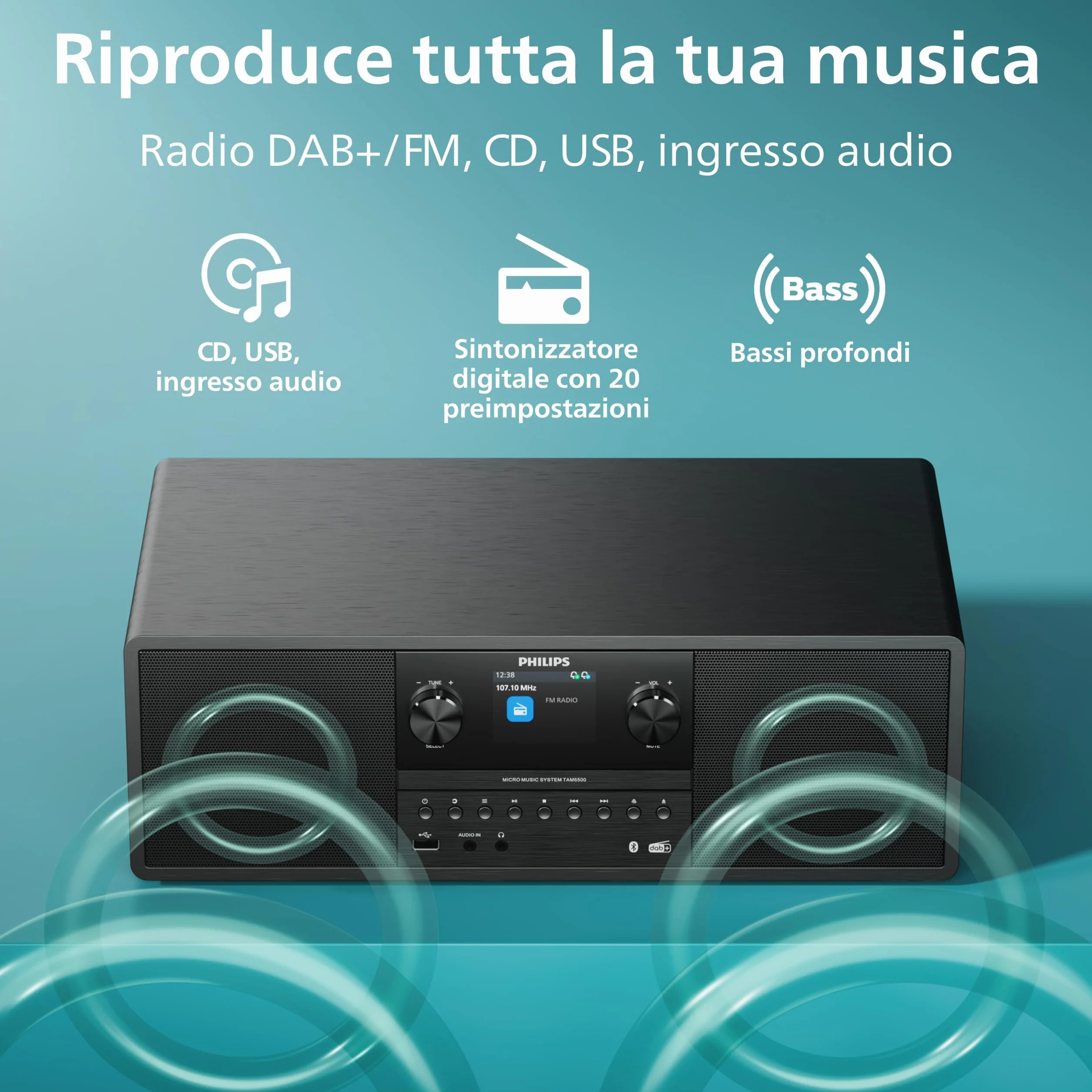 Philips TAM6500/10 Sistema musicale micro 100 Watt Bluetooth 6.0 Auracast Radio DAB+/FM CD USB Ingresso audio Altoparlanti Bass‑Reflex Display a colori Telecomando Plastica riciclata Nero