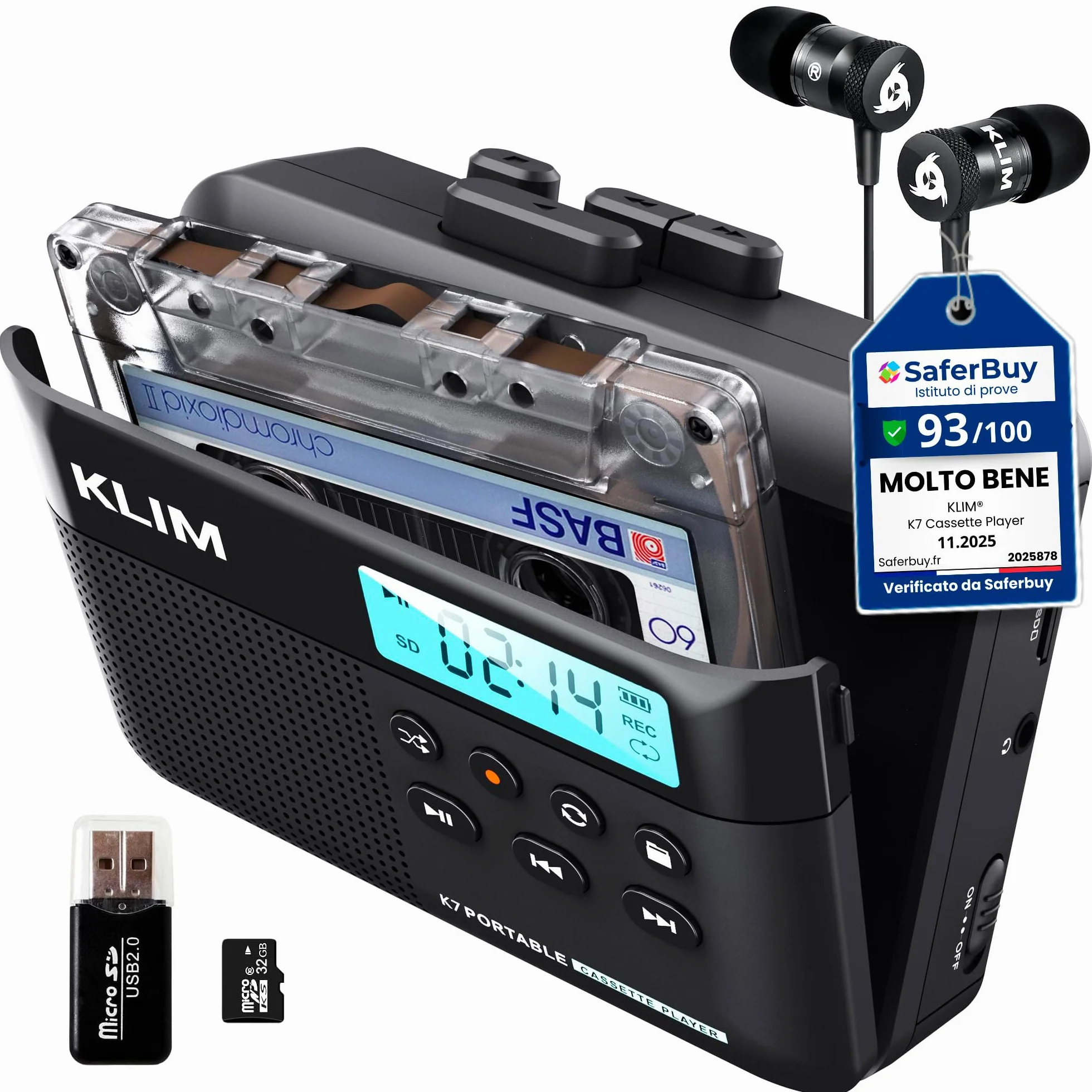 K7 Cassette Player Convertitore MP3 Lettore Audio Portatile con Microfono Altoparlante Batteria Ricaricabile Scheda SD 16 GB Nero