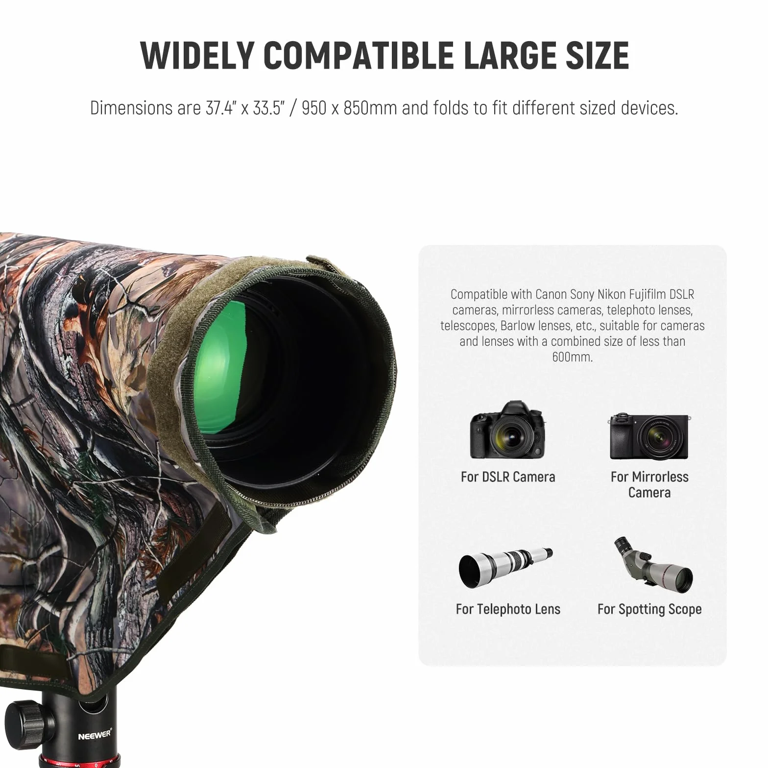 NEEWER Copertura antipioggia per fotocamera, L, grande impermeabile, per fotocamera Canon Sony Nikon Fujifilm DSLR e obiettivi fino a 400 mm, mimetico su entrambi i lati, in nylon Tarn PB020
