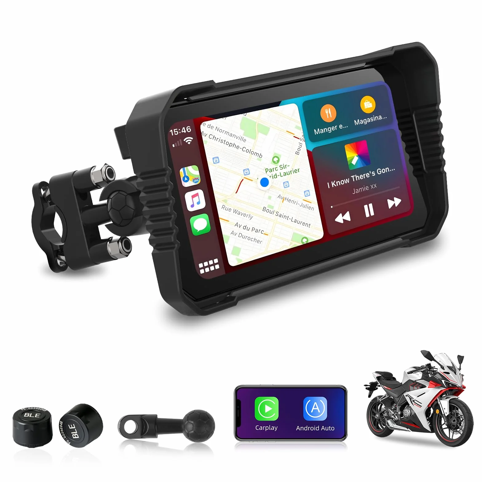 Jansite 6,25 pollici Carplay Moto con TPMS, Schermo Moto Compatibile CarPlay & Android Auto Impermeabile IP67 Navigatore GPS con Bluetooth Assistente vocale