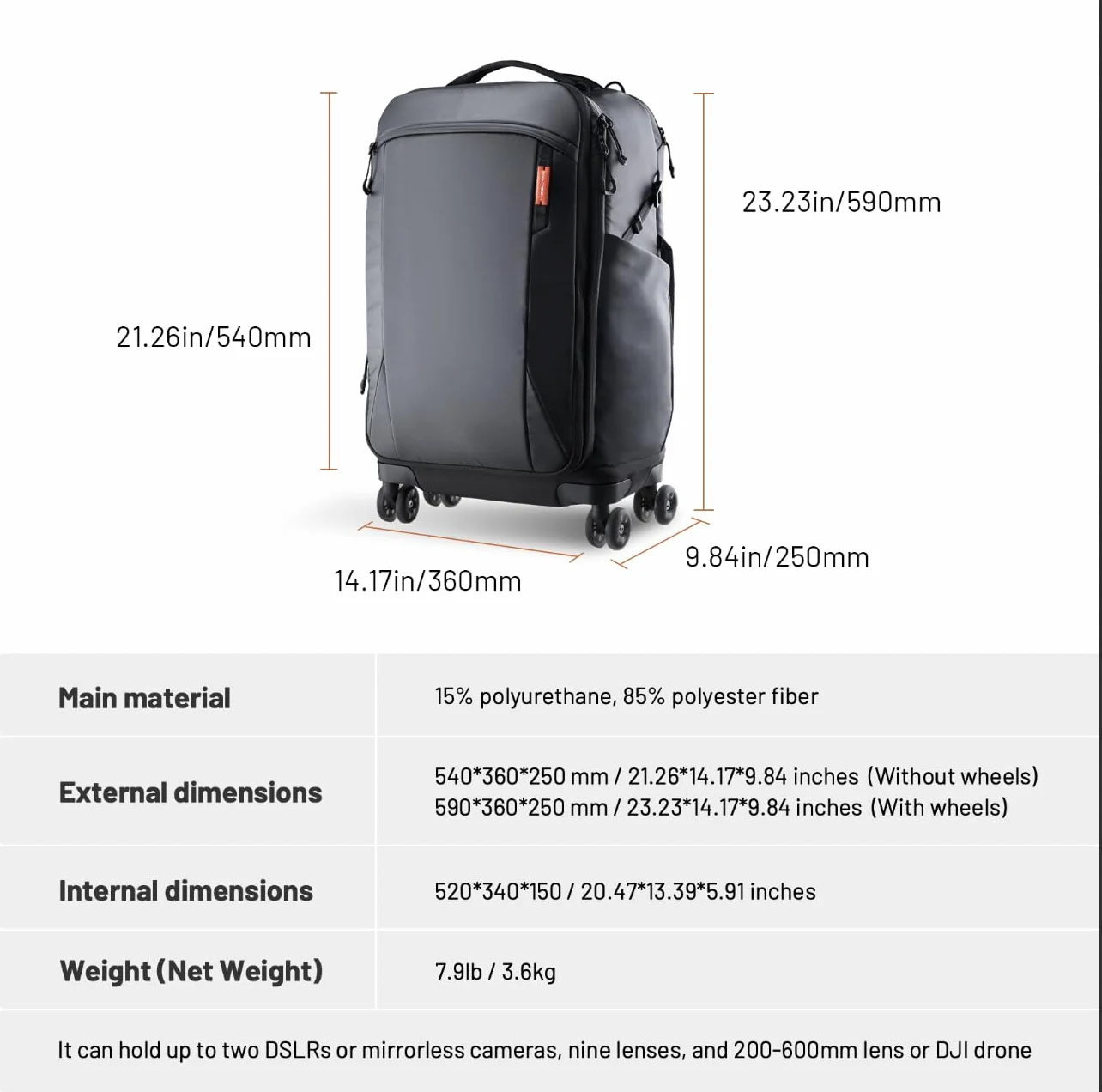 PGYTECH Zaino Fotografico con Ruote 2 in 1, Trolley per Macchina Fotografica/Treppiede Fotocamera Professionale/Reflex/Mirrorless/Viaggio, Valigia e Antipioggia Compatibile con Laptop da 17 Pollici