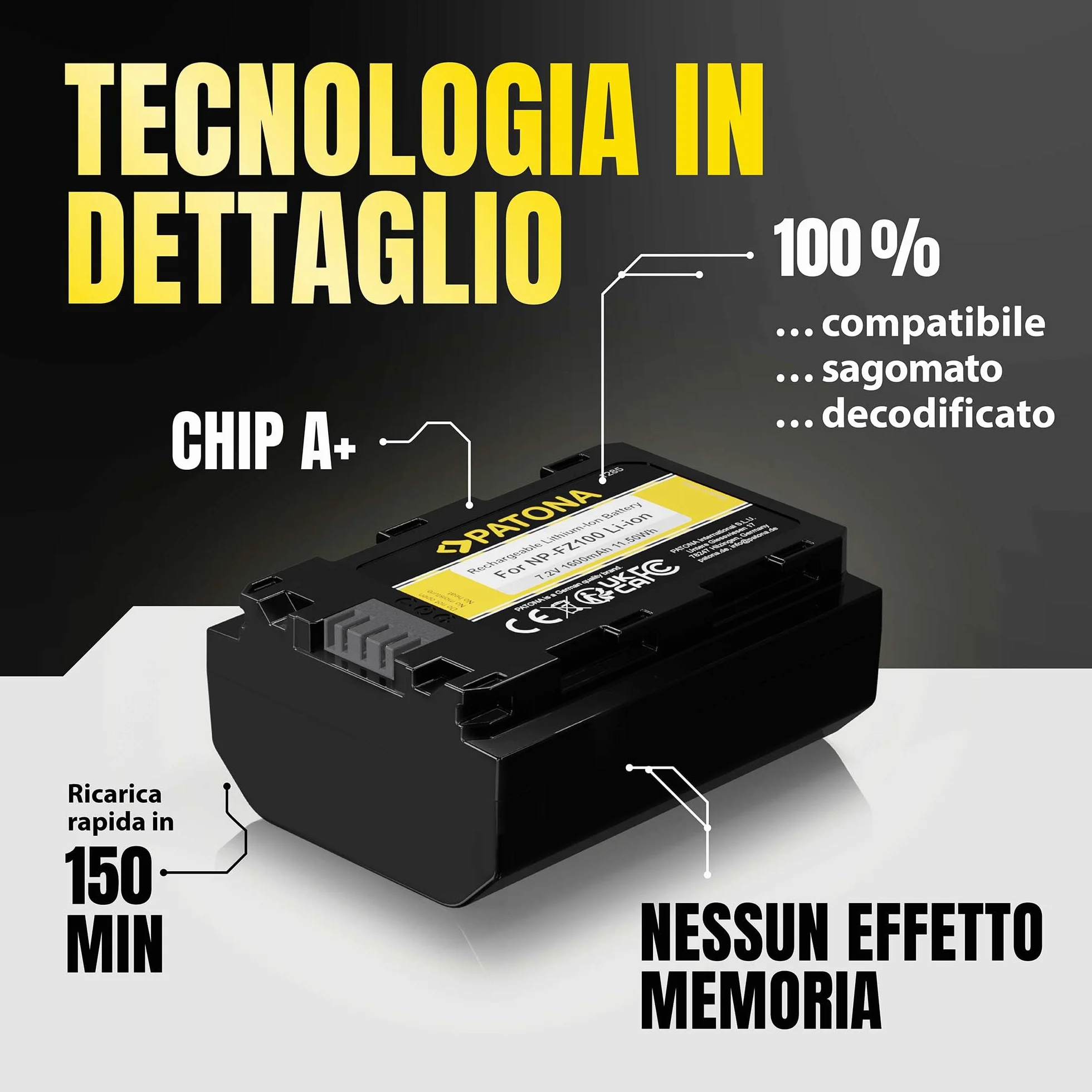 PATONA NP-FZ100 Batteria 1600mAh – Ricambio per Sony NP-FZ100 – per Alpha A6600 A6700 A1 A9 A7 III A7 IV A7R III A7R IV A7R V A7C A7C II FX3 FX30 – riserva affidabile