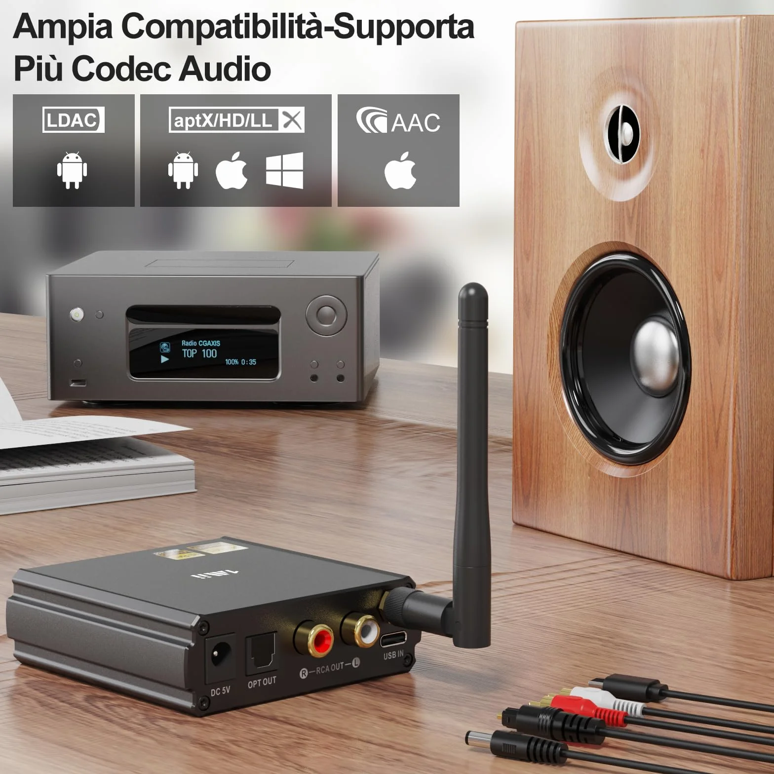 1Mii DS220 Ricevitore Bluetooth HiFi, Adattatore Bluetooth 5.3 Audio con DAC Audiofilo, Hi-Res LDAC/aptX HD/Bassa Latenza, con Uscita Ottica/RCA, Display OLED Modalità EQ per Stereo