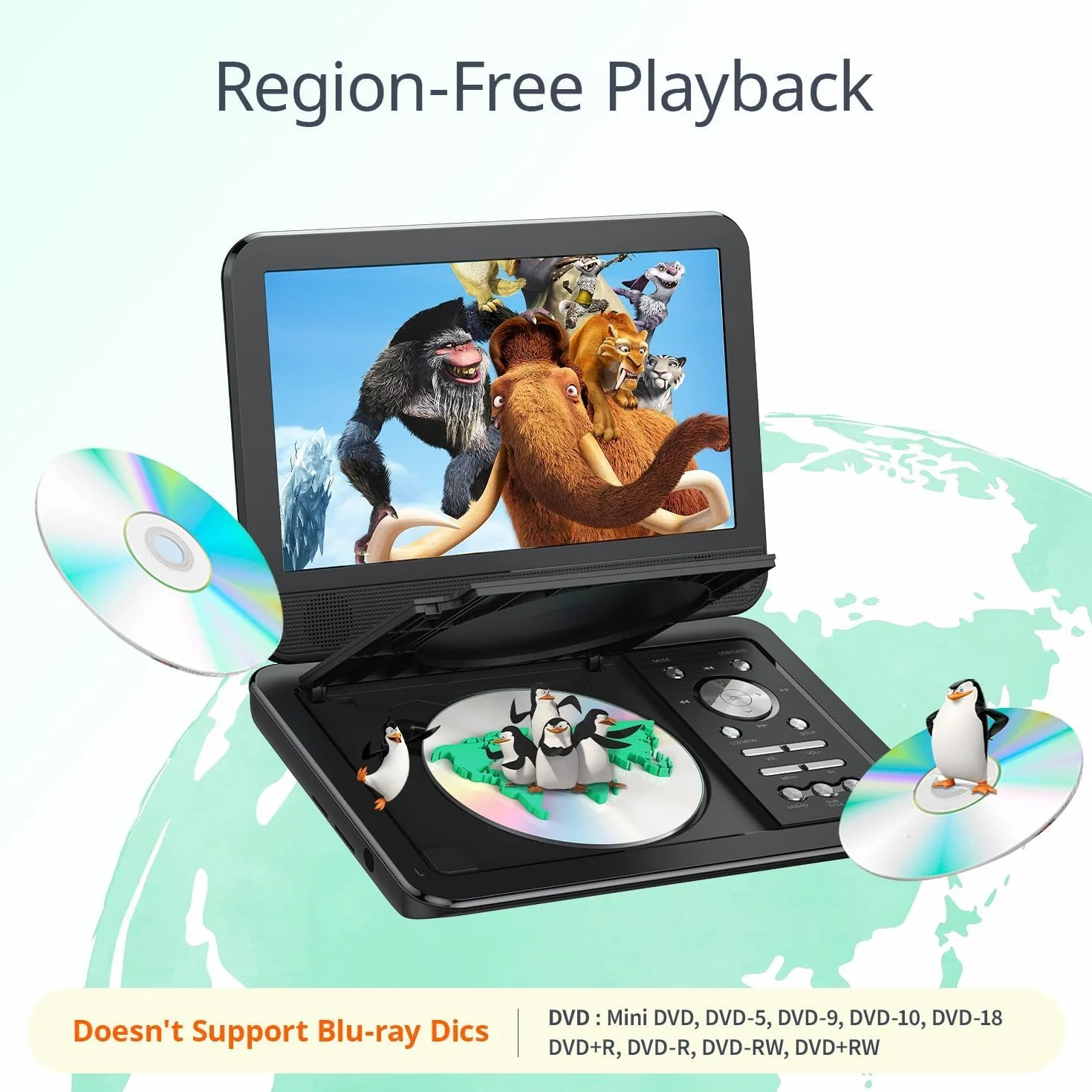 YOTON Lettore DVD portatile da 12,5 pollici con schermo girevole HD da 10,5 pollici per auto e bambini, batteria integrata, auricolare/AV-IN/AV-OUT/USB/scheda SD/TV Sync e formati VCD/MPG/JEPG (non
