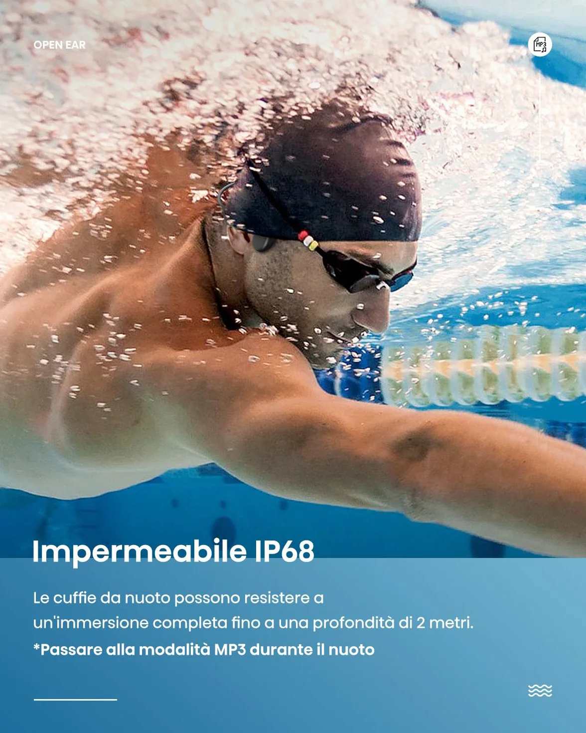 Cuffie Conduzione Ossea, Cuffie Nuoto per Piscina IP68, Auricolari Conduzione Ossea Bluetooth 5.4, Built-in MP3 32G Memoria, Auricolari Subacquee per il Surf, Nuoto, Corsa, Ciclismo