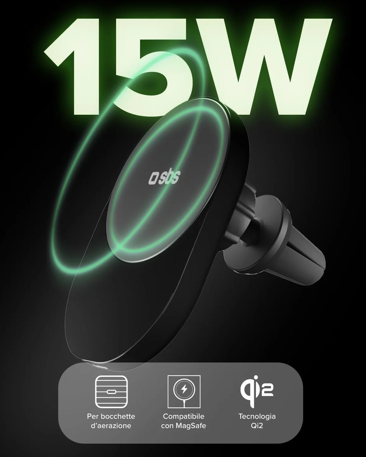SBS Qi2 15W Caricatore Wireless MagSafe, Porta Cellulare Auto Magnetico, Attacco Bocchetta dell'Aria, Ricarica Rapida, Alimentazione USB-C, Caricabatterie per iPhone, Android, Nero | Attacco Bocchetta dell'Aria, Ricarica Rapida, Alimentazione USB-C, Caric