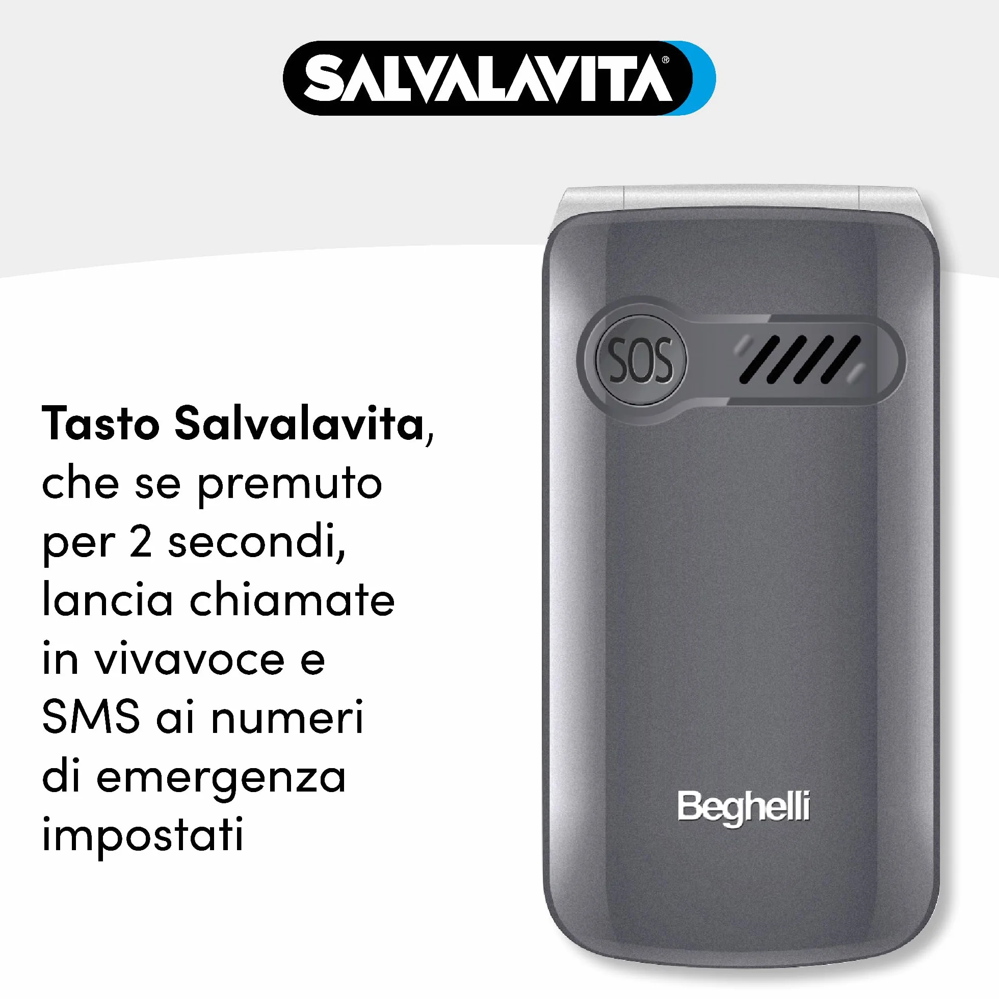 Beghelli Telefono Salvavita per Anziani, Salvalavita Phone SLV18N ECO - Cellulare GSM per Anziani, Tasto SOS, Tasti Grandi Retroilluminati, Vivavoce, Fotocamera, Torcia, Radio (Colore Grigio)