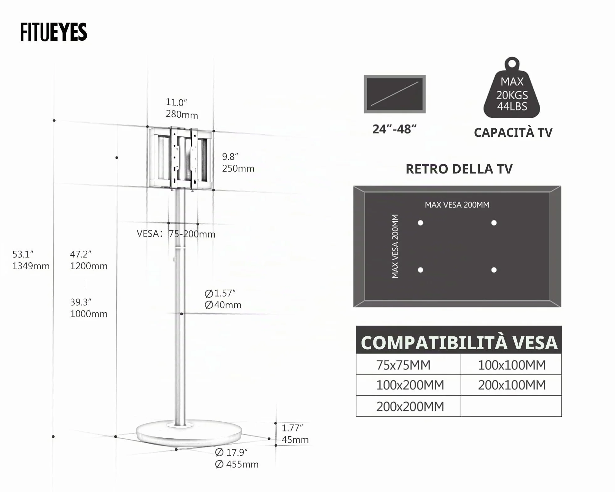 FITUEYES Supporto TV da Pavimento per 24" - 48" Televisore Portatile con Ruote Massima 20 kg Regolazione Altezza Massimo VESA 200 * 200mm Serie Master
