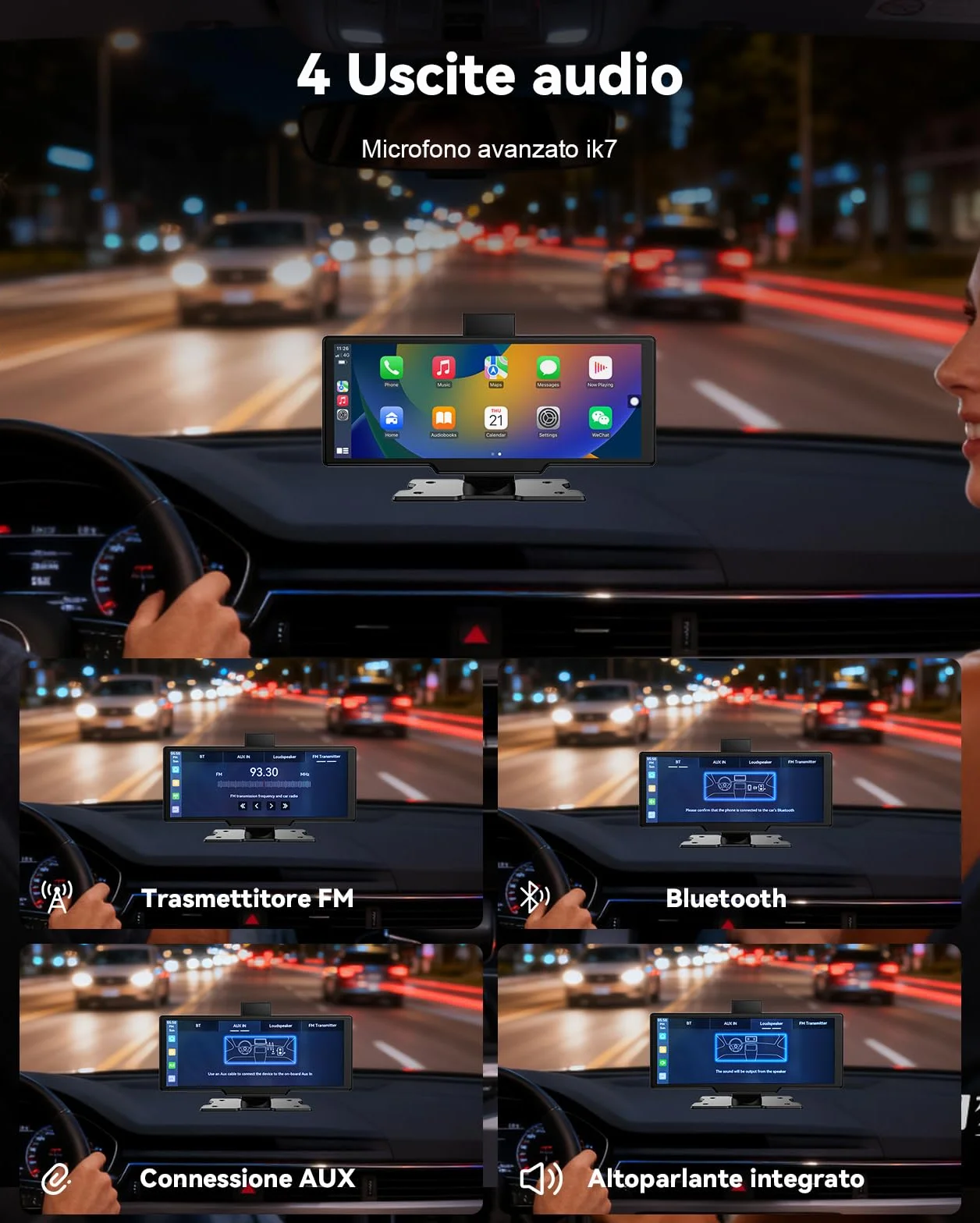 Schermo per Auto 10,26", Schermo Carplay Portatile Wireless per A-pple CarPlay & Android Auto con Tablet Auto Touchscreen IPS, GPS, Controllo Vocale, Bluetooth, Mirror Link, FM, AUX