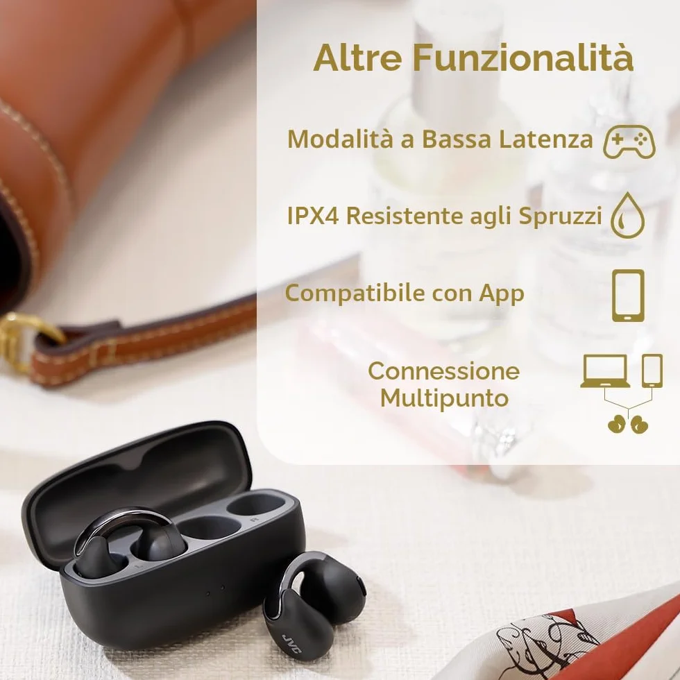JVC Nearphones HA-NP1T-B, Cuffie in stile Earcuff con archetto lucido, vestibilità comoda, connessione multipoint, Bluetooth 5.3, autonomia di 24 ore, compatibili con app - Nero