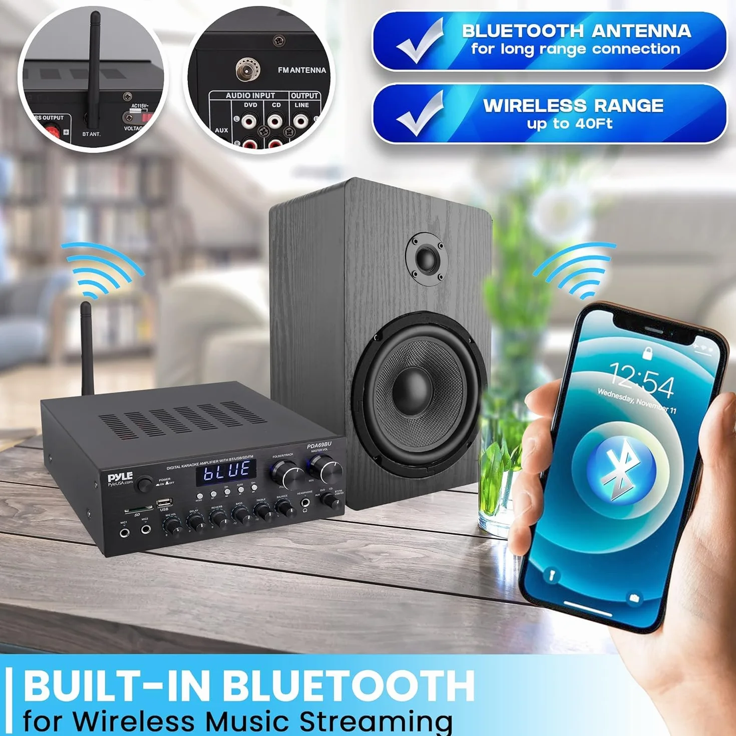 Pyle Amplificatore Audio Stereo Bluetooth 300 Watt Doppio Canale MP3 USB SD AUX RCA MIC Cuffie FM LED per Home Theater Studio