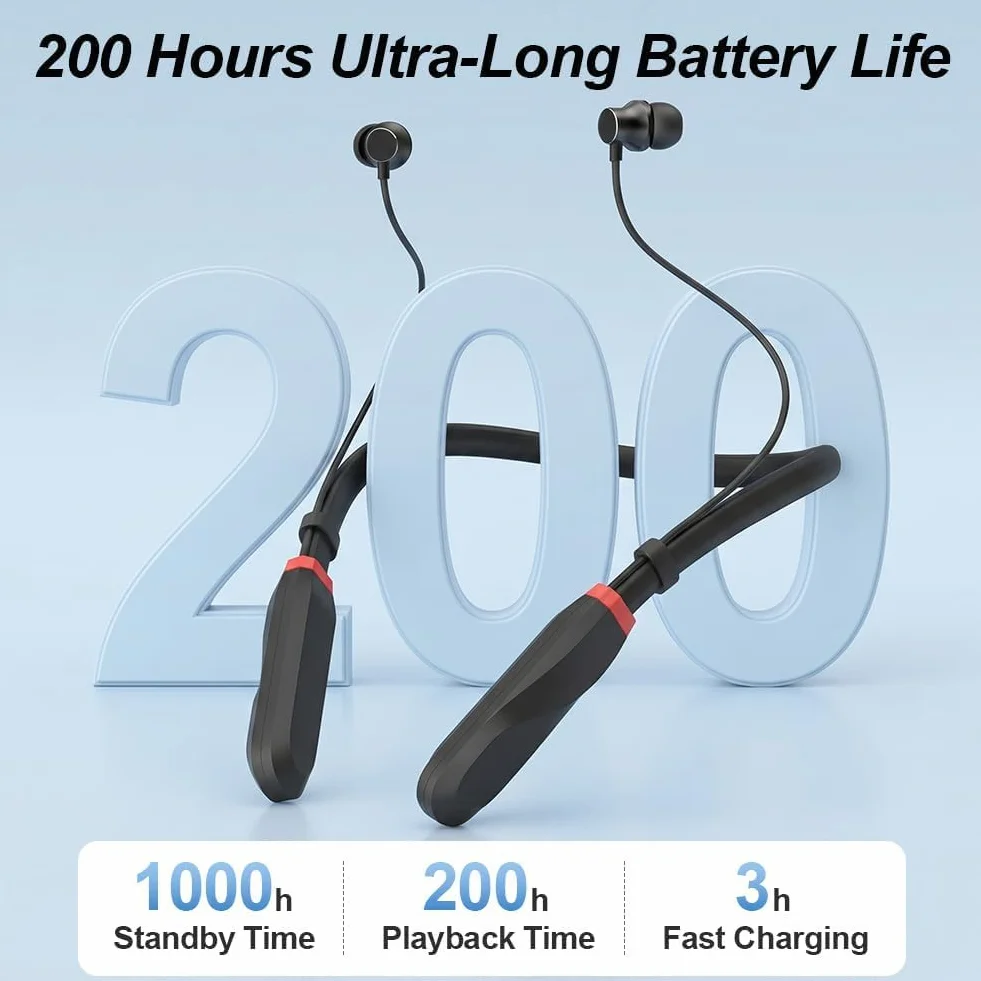 Cuffie Bluetooth con Archetto da Collo 200H di Riproduzione, Auricolari In-Ear Bluetooth 5.3, Cuffie Sportive a Collare, IPX4 Cuffie Wireless Magnetiche per Sport Corsa Palestra Cantiere, Nero