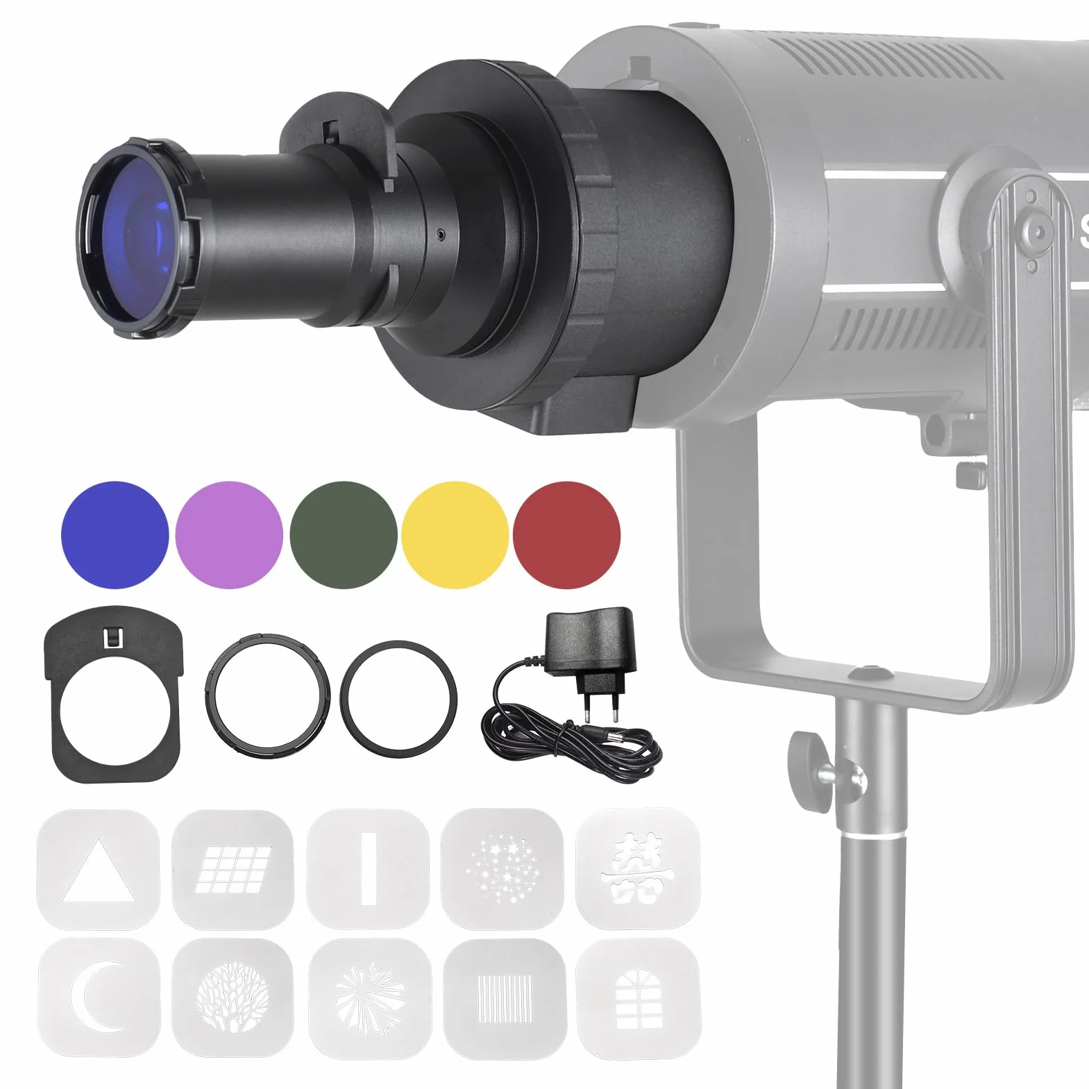 Andoer Snoot conico ottico snoot conico con supporto Bowens per fotografia, proiettore flash, snoot, modellazione, accessori luminosi con 5 filtri colore, 10 schede grafiche