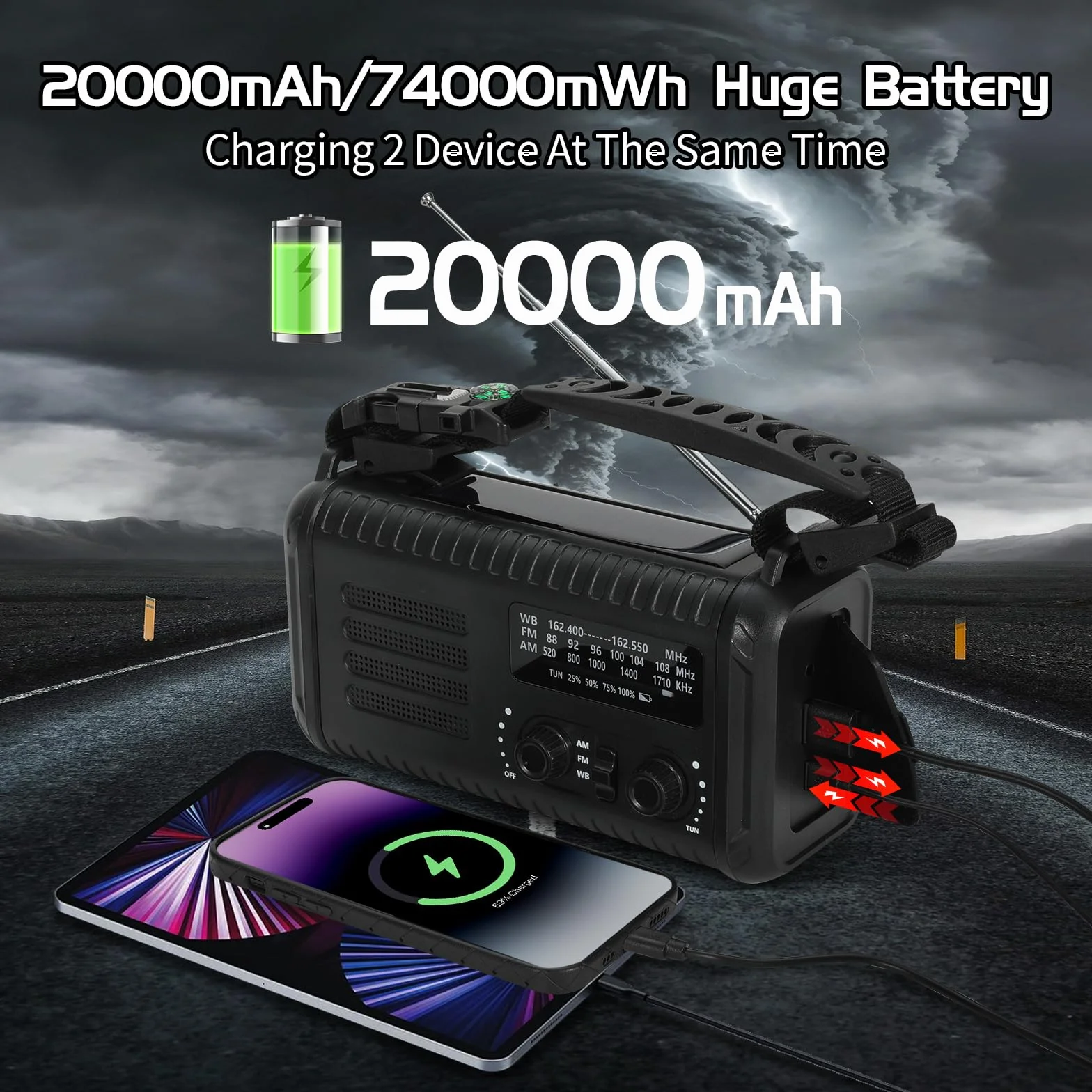 Radio meteorologica di emergenza 20000 mAh AM/FM/NOAA a manovella con torcia e lampada da lettura