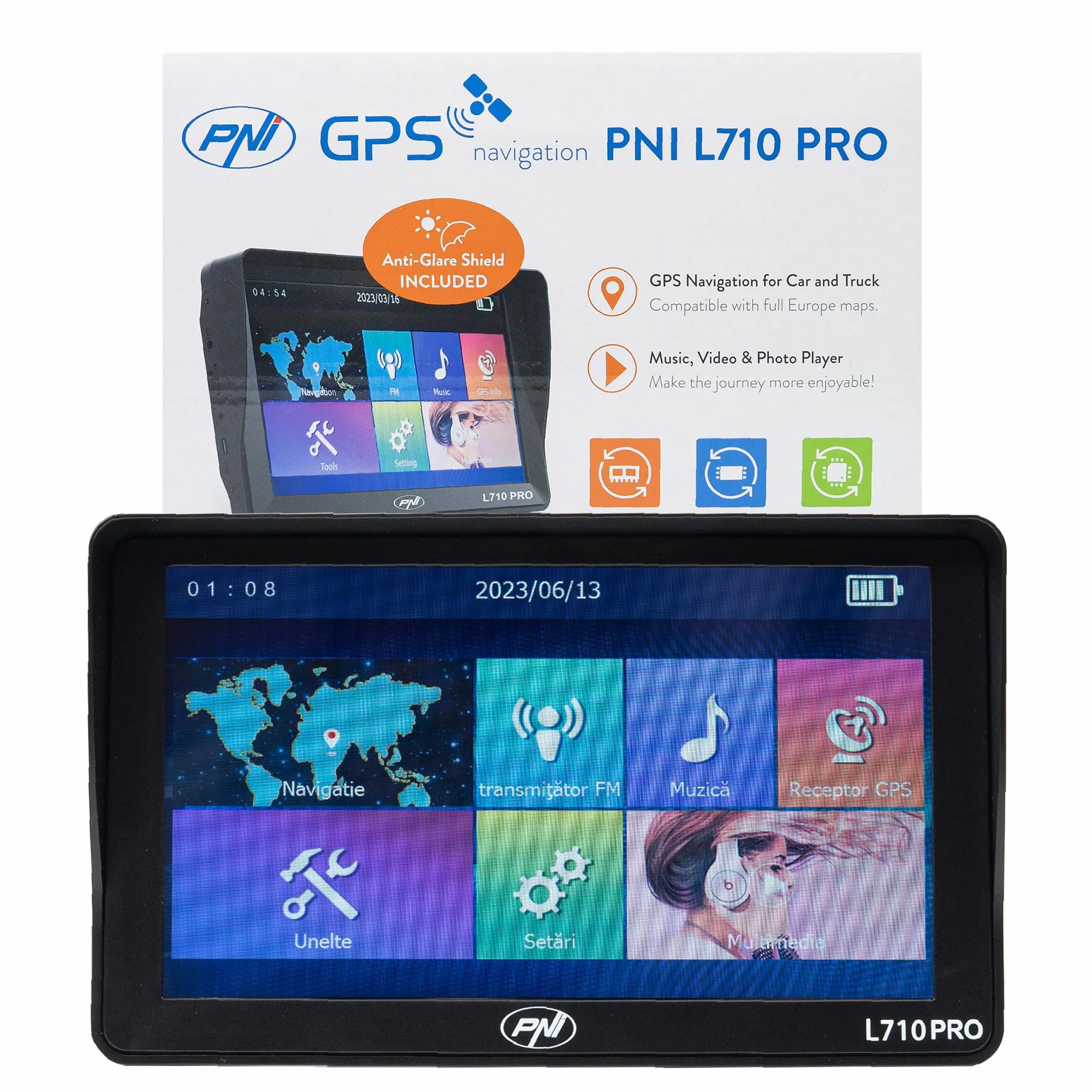 Sistema di navigazione GPS PNI L710 PRO con visiera parasole, 7 pollici, 800 MHz, 256 MB DDR, memoria interna da 16 GB, trasmettitore FM, con due caricatori per auto inclusi
