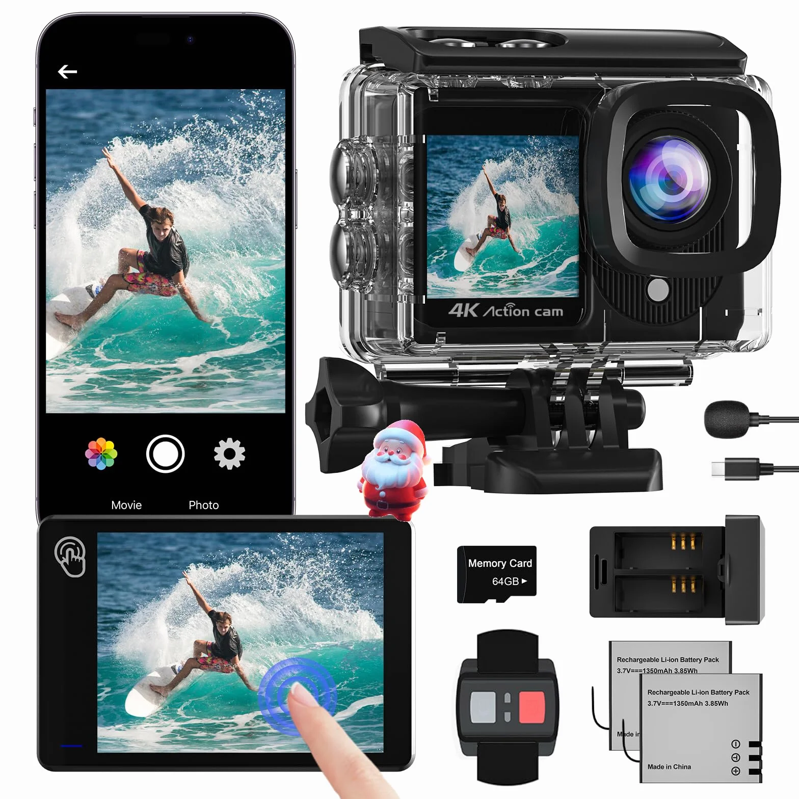Action Cam 4K a Doppio Schermo, 48MP WIFI Videocmera con Scheda SD da 64GB,131ft Fotocamera Subacquea, 170° Telecamera Moto con Telecomando, Microfono, 2 Batterie,Accessori Multifunzione.