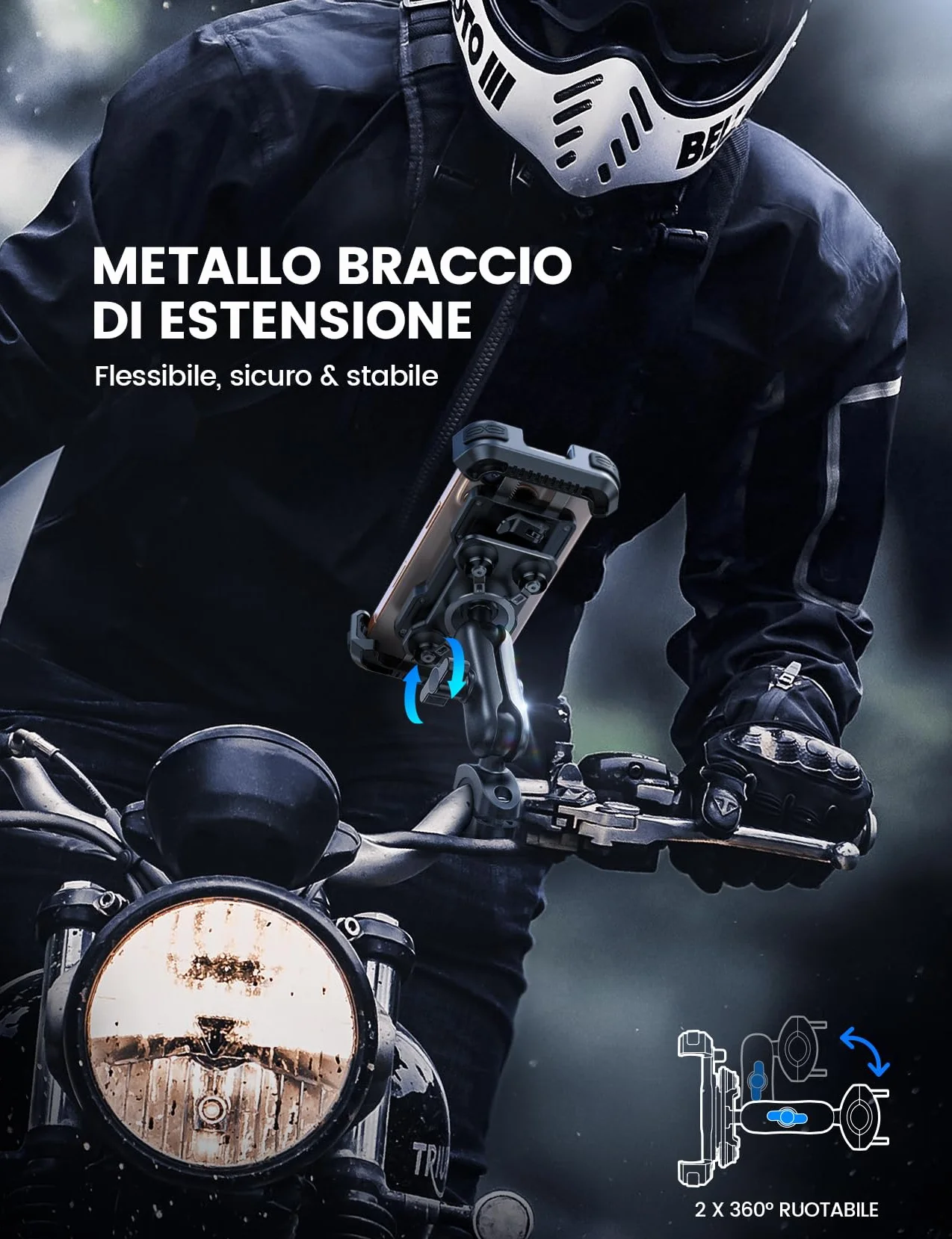 Lamicall Supporto Telefono Moto Antifurto Doppio Antivibrazione Braccio Estensione Metallo, Porta Telefono Bici, 2 x 360° Girevole Supporto Manubrio per iPhone 17 16 15 14 e 4,7-6,7" Smartphone