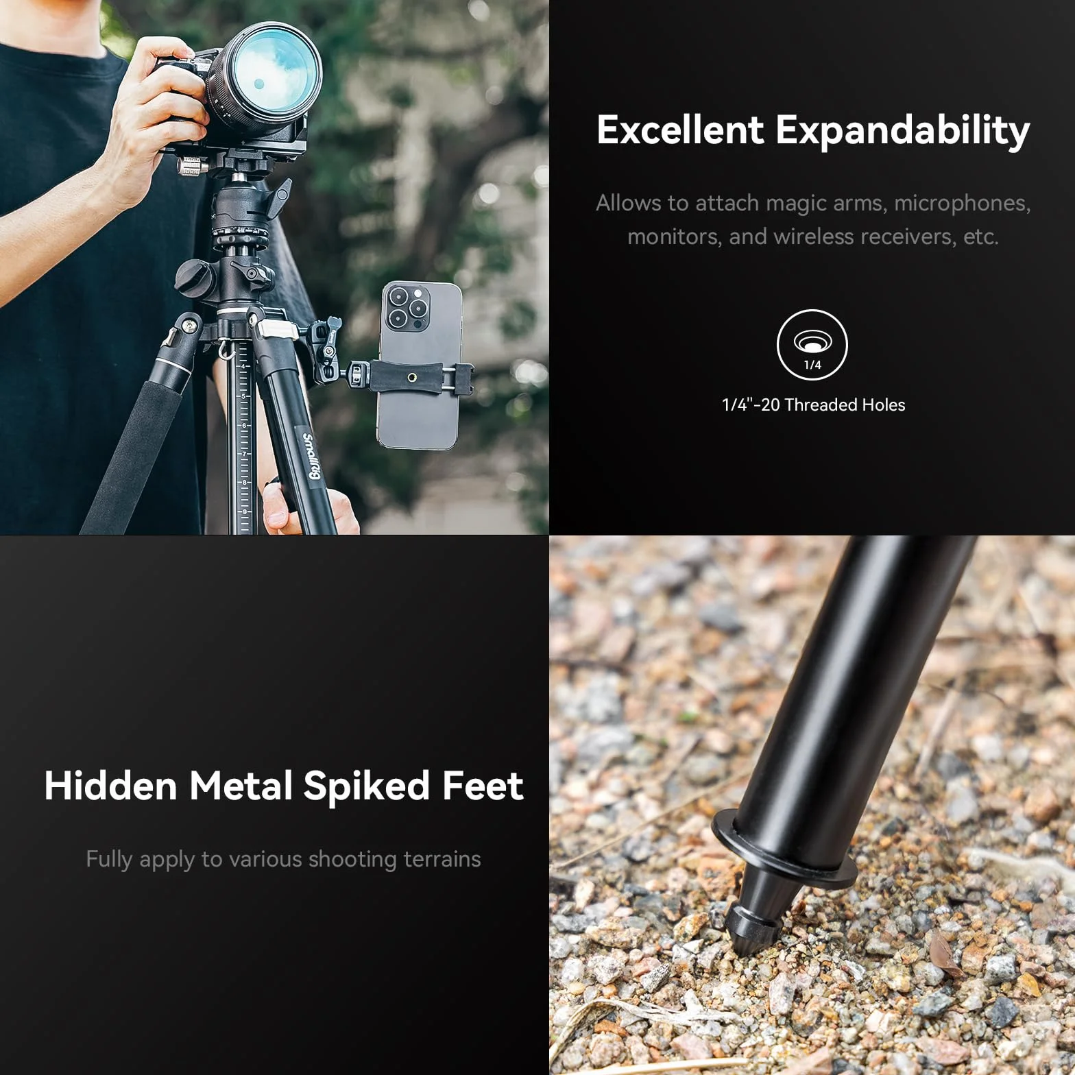 SMALLRIG 2 in 1 Camera Tripod, Treppiede/Monopiede Orizzontale con Colonna Centrale con Rotazione a 360°, con Supporto per Smartphone, per DSLR, Videocamera, CT200, Carico Massimo 22lb/10kg - 4288