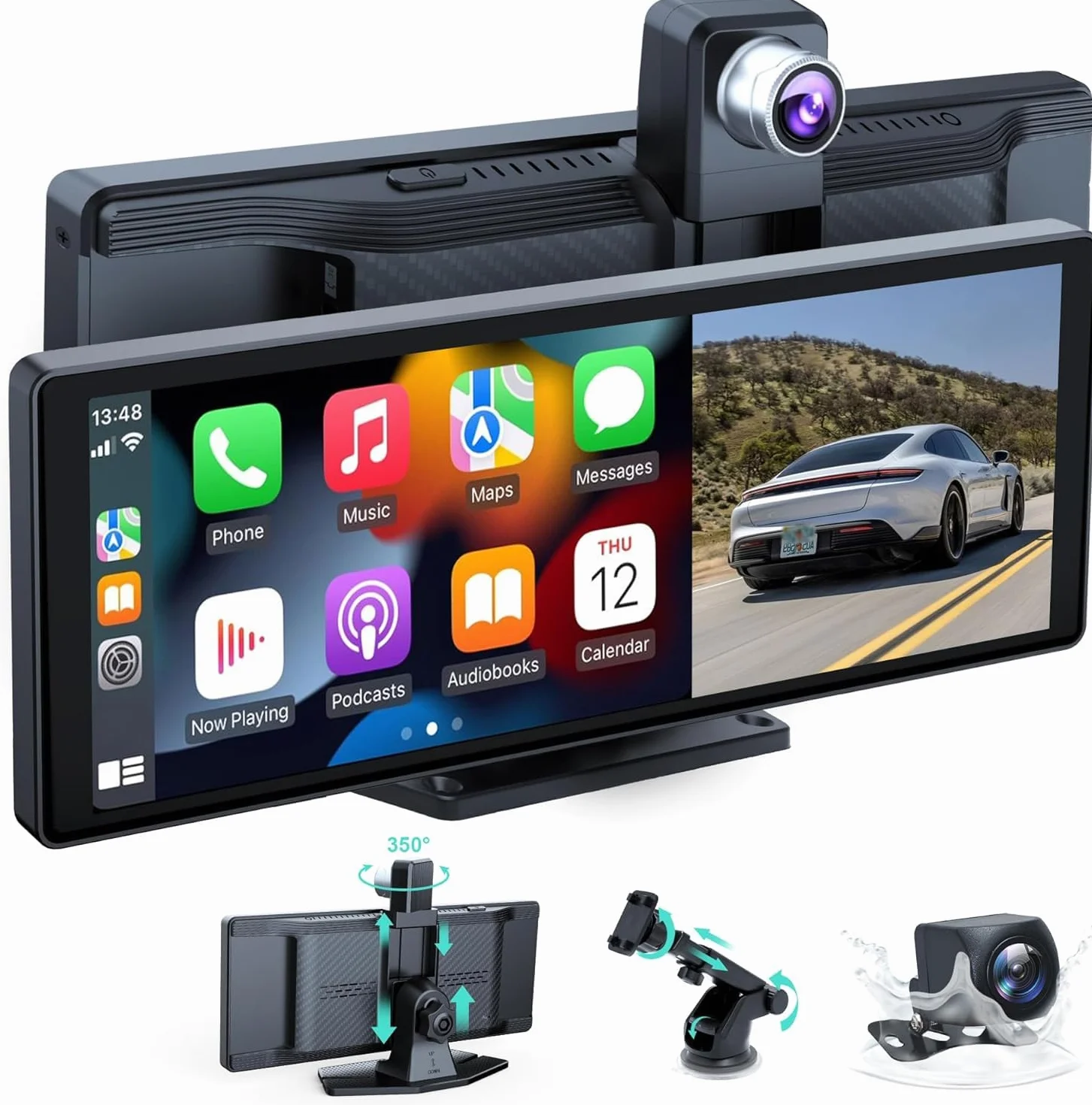 Audio Portatile Per Auto, 10.26" Schermo Carplay,car play per auto android con doppia telecamera anteriore + posteriore 4K 1080P, riproduzione car play wireless con Mirror Link/S-iri/AUX/64G TF