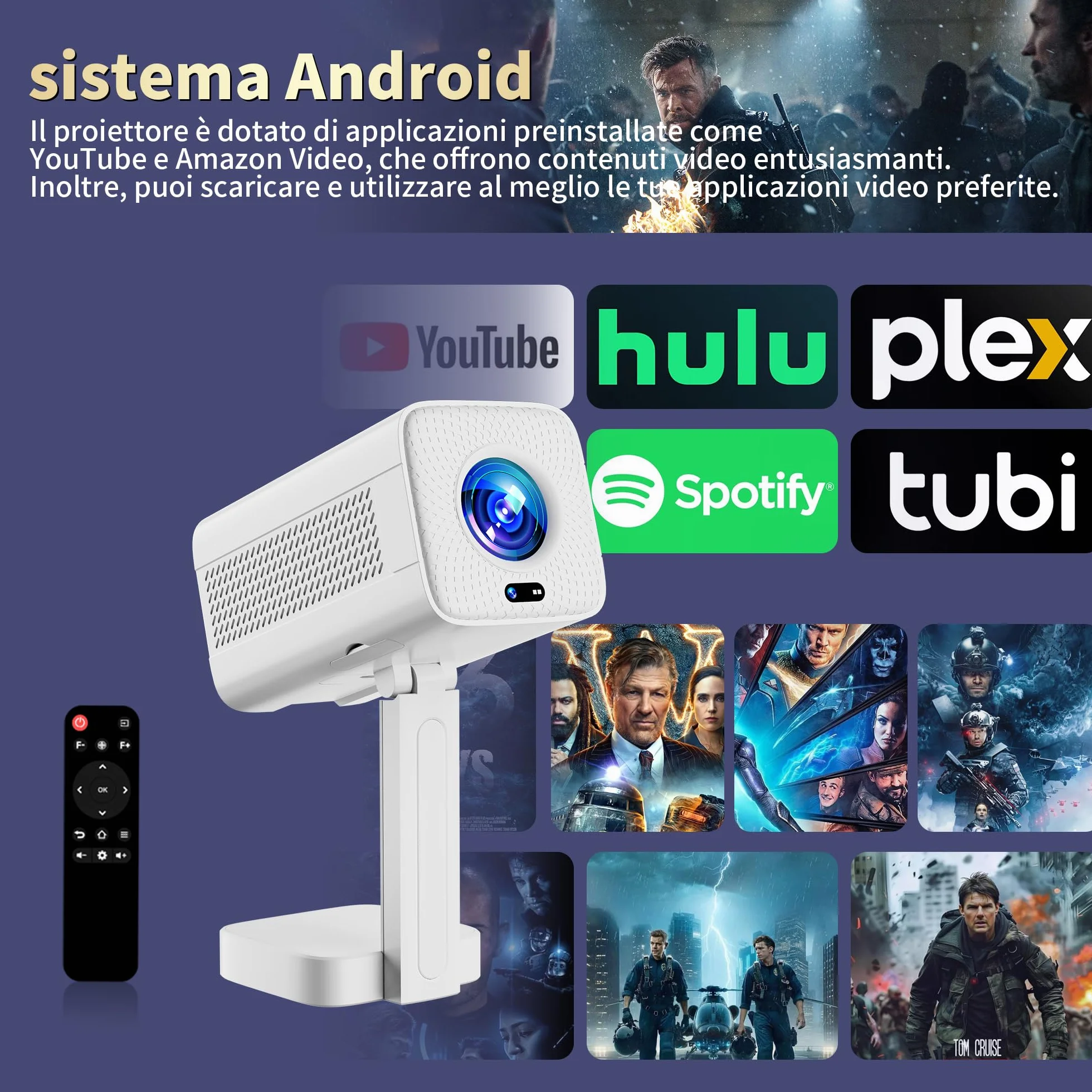 Mini Projector 4K【App integrata& Auto Focus Auto Keystone】Support 1080P, Mini Proiettore con WiFi 6 e Bluetooth 5.4 e Rotabile 90°, Portable Projector per Home Theater con HDMI/TV Stick/Laptop- Bianco