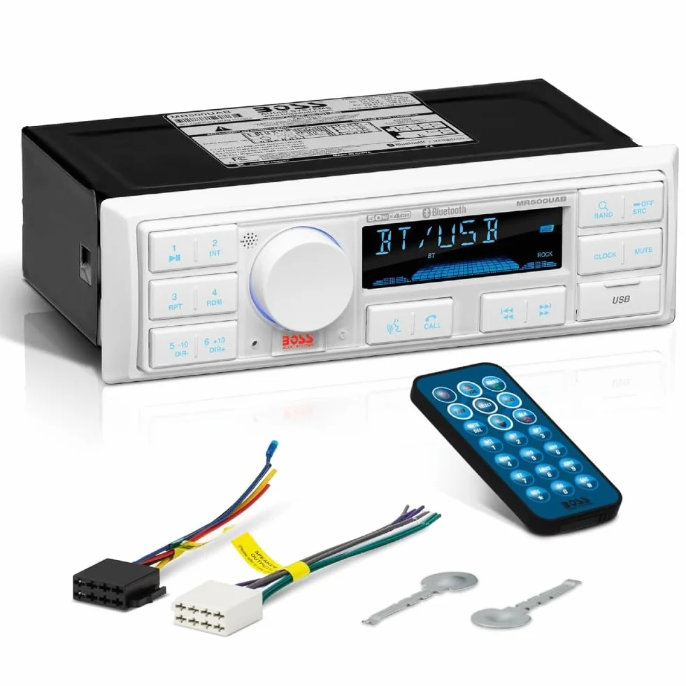 KIT SET PER BOSS AUDIO SYSTEMS MR500UAB autoradio marina 1 din, digital media, ricevitore am/fm, stereo, usb/mp3/wma, con bluetooth, per barca, mare, 1 pezzo + accessori di montaggio