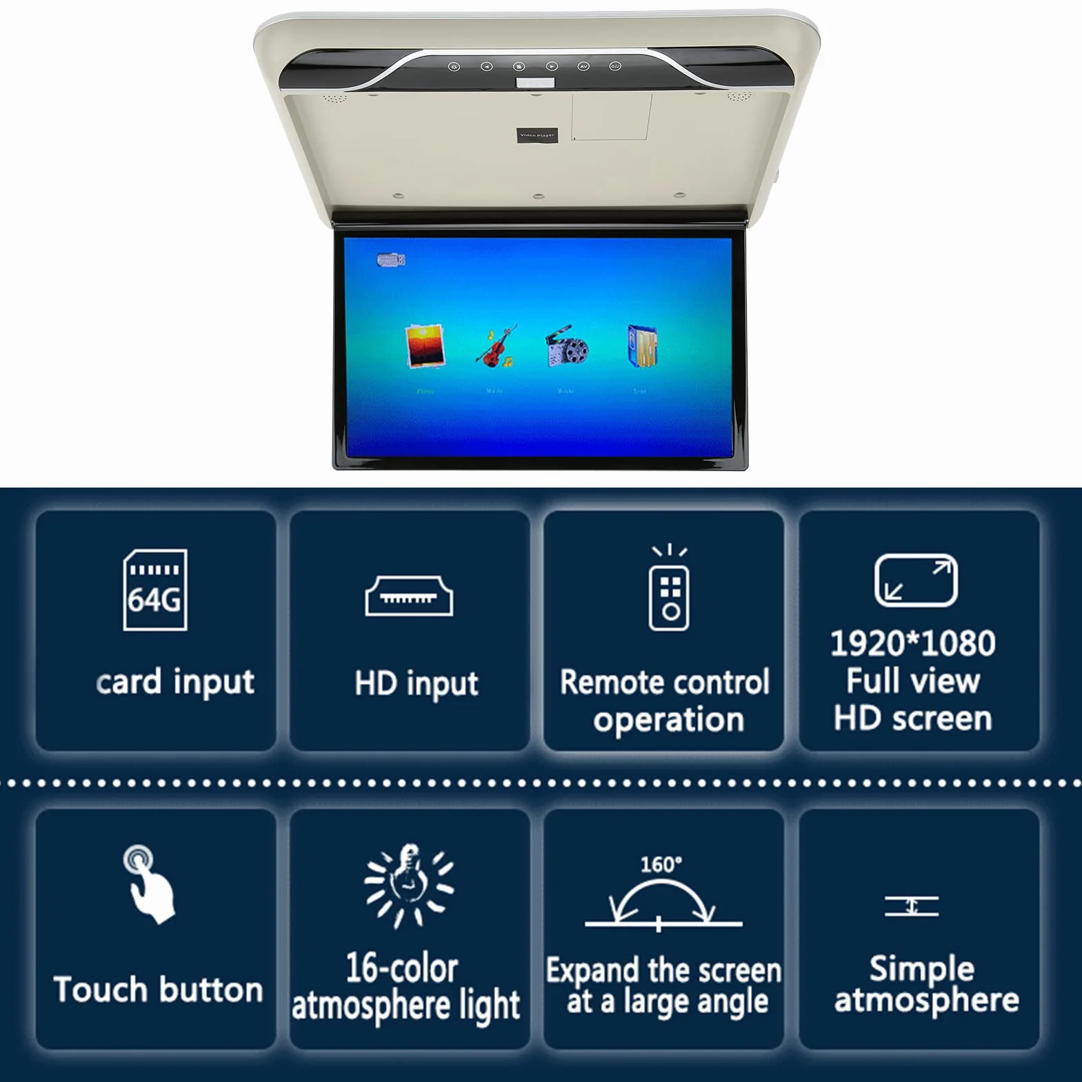 Cuifati 19in LCD 1080P Car Overhead Flip Down Monitor Full View Soffitto TV Digitale HD con Atmosfera Light Car Stereo Player MP5, HDMI IR FM USB SD 12V/24V(Grigio)