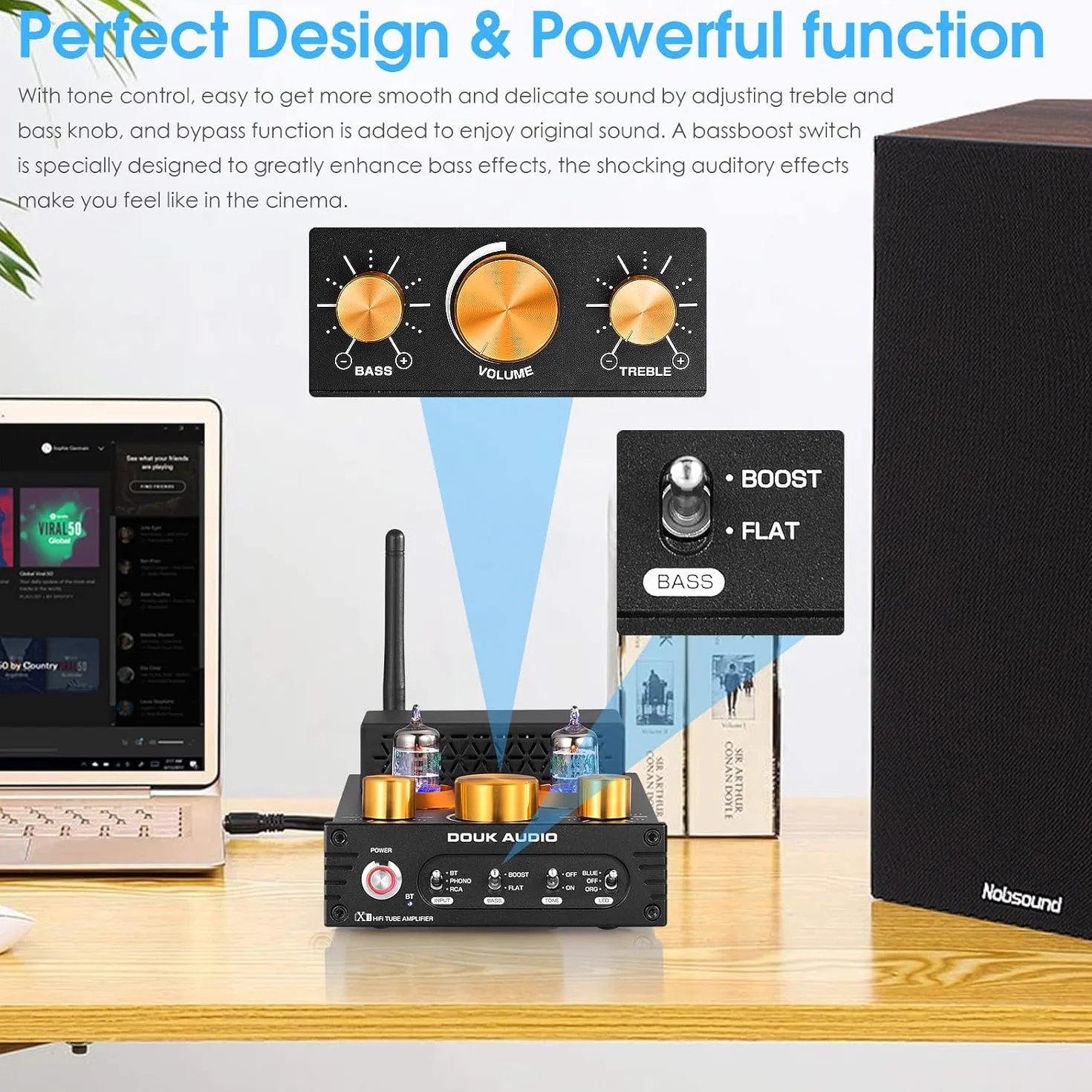 Douk Audio X1 amplificatore a valvole, amplificatore HiFi Bluetooth 5.0, amplificatore audio stereo a valvole GE5654, amplificatore phono MM, 160Wx2 chip TDA7498E, manopola di controllo acuti e bassi