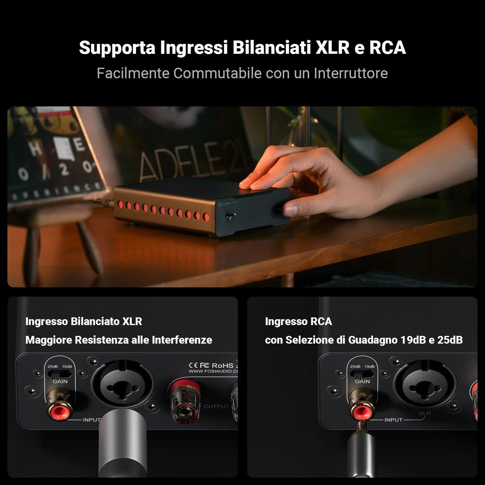 Fosi Audio V3 Mono Amplificatore Audio HiFi, Mini Amplificatore Monoblocco, Classe D TPA3255, 240W per Home Theater AVR Ricevitore Component, Ingressi Bilanciati RCA/XLR, Diffusori, con 48V/5A Power