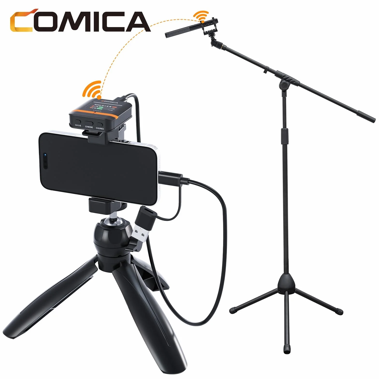 Comica VM40 Microfono Shotgun Wireless, Diagramma Polare Super Cardioide 2.4G, Registrazione Float 48kHz/32-bit, Doppia Modalità Cablata/Wireless, Archiviazione di Registrazione Integrata 32G