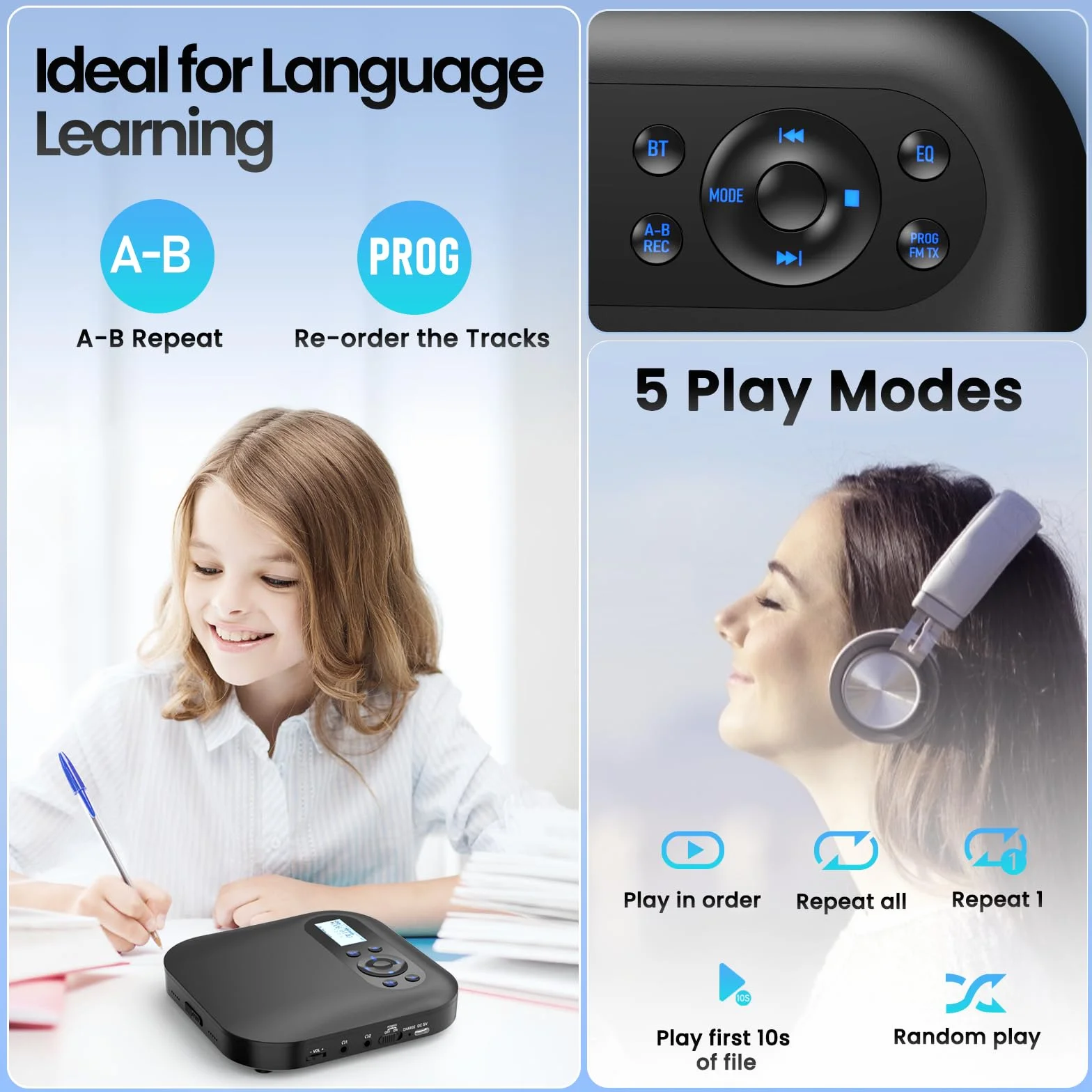 Lettore CD portatile con Bluetooth, NUOVO Lettore CD Discman ricaricabile per auto con FM, Due altoparlanti stereo, Anti-Skip, Due connettori per cuffie, Per regalo