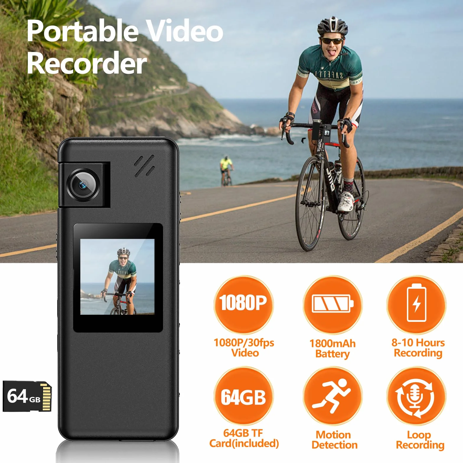 A32 64GB Telecamera Portatile, 1080P, Obiettivo Ruotabile 180°, con Rilevamento Movimento e Registrazione Audio, per Polizia e Ciclismo