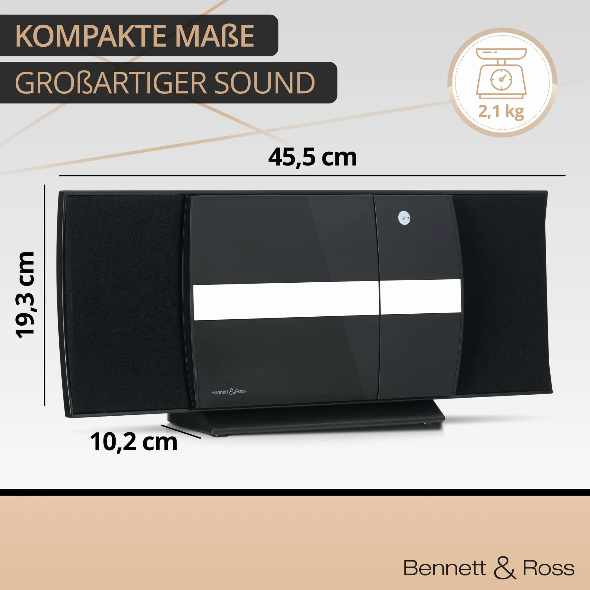 Bennett & Ross Ålesund Impianto stereo verticale - Microchaîne hi-fi avec lecteur CD, MP3, fonction UKW, USB et Bluetooth avec NFC - Installation sur pied ou murale - Telecomando incluso - Nero