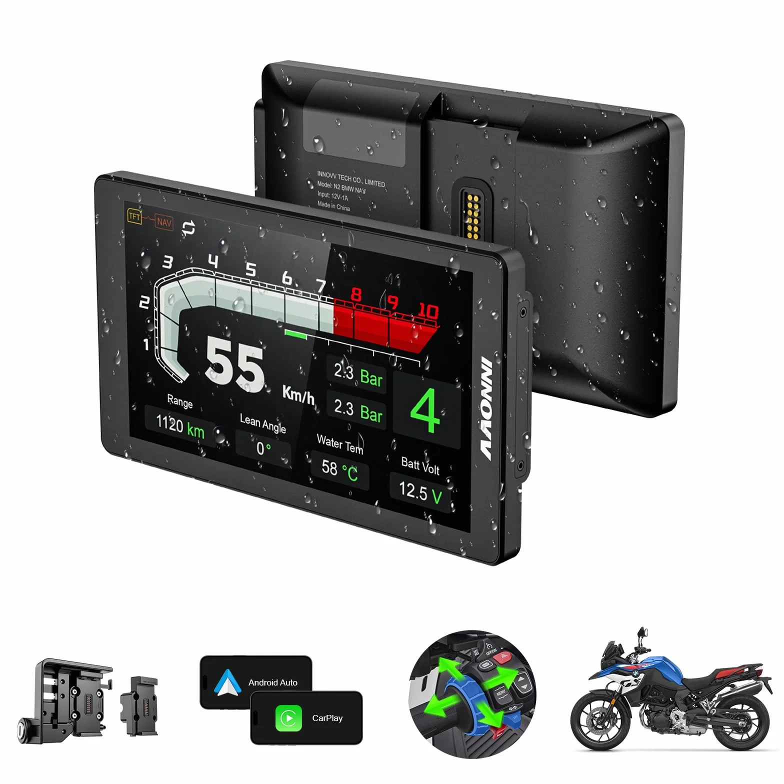 INNOVV N2 per BMW Moto CarPlay & Android Auto, BMW Moto Touchscreen con 6,5 Pollici Impermeabile GPS Navigazione Screen, Lettura Dati, TPMS, WonderWheel Controls