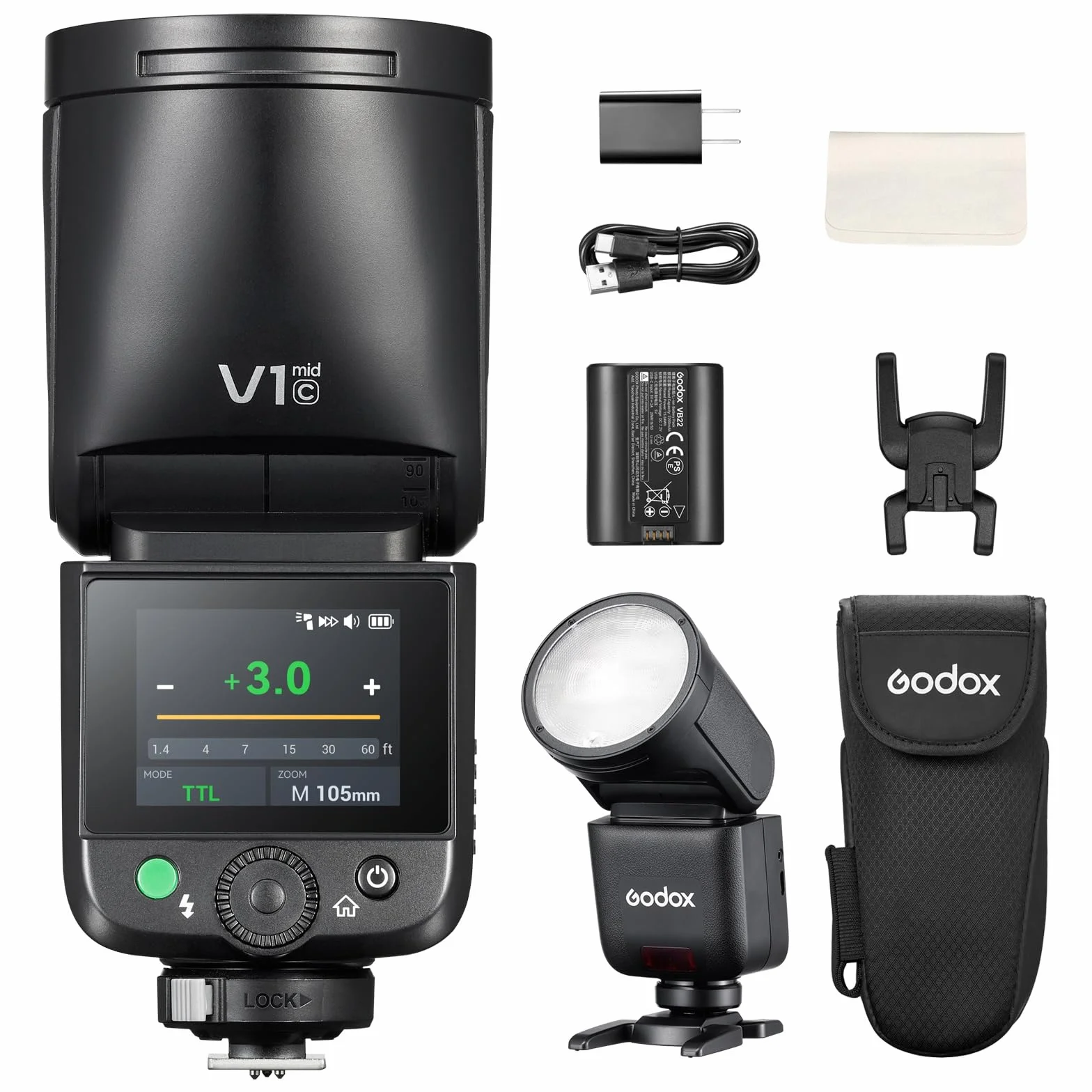 Godox V1 Mid C 55Ws Flash fotocamera testa rotonda Canon 2.4G Wireless TTL HSS 1/8000 USB-C Riciclo rapido 1.7s Batteria litio 7.2V 2200mAh