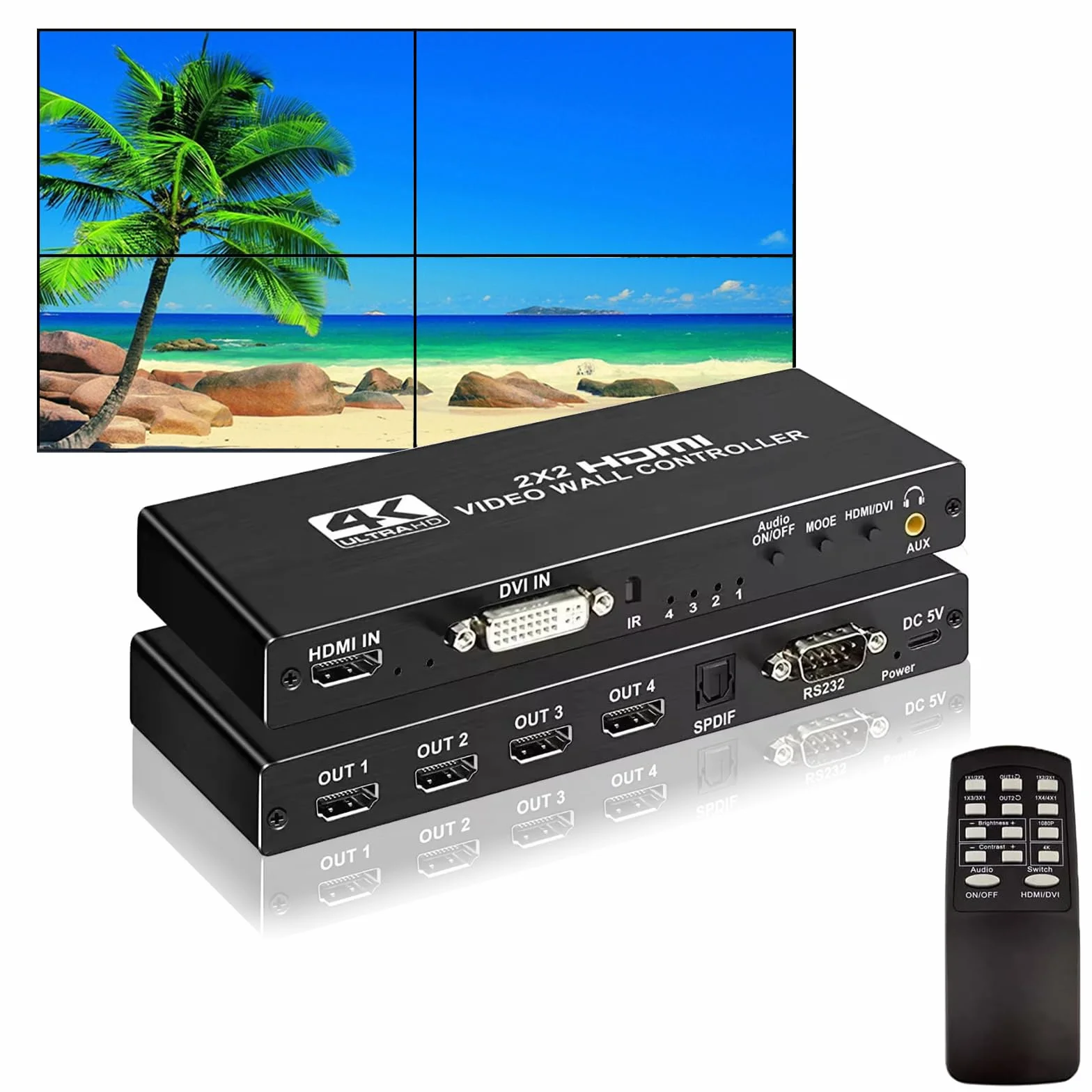 Processore Video Wall 4K HDMl 2x2 con Telecomando IR, Controller Video Wall Ruotabile 180° per 4 Schermi