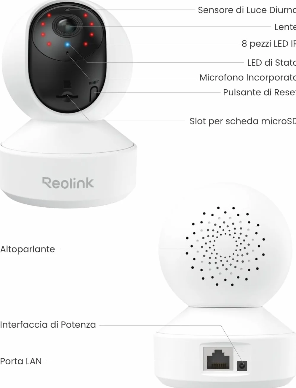 Reolink 5MP Telecamera WiFi Interno, Wi-Fi a Doppia Banda 2.4/5 GHz, Apertura F1.6, Rilevamento Uomo/Animale/Pianto, Copertura a 360°, Inseguimento Automatico, Supporta Alexa, Modalità Privacy, E1 Pro