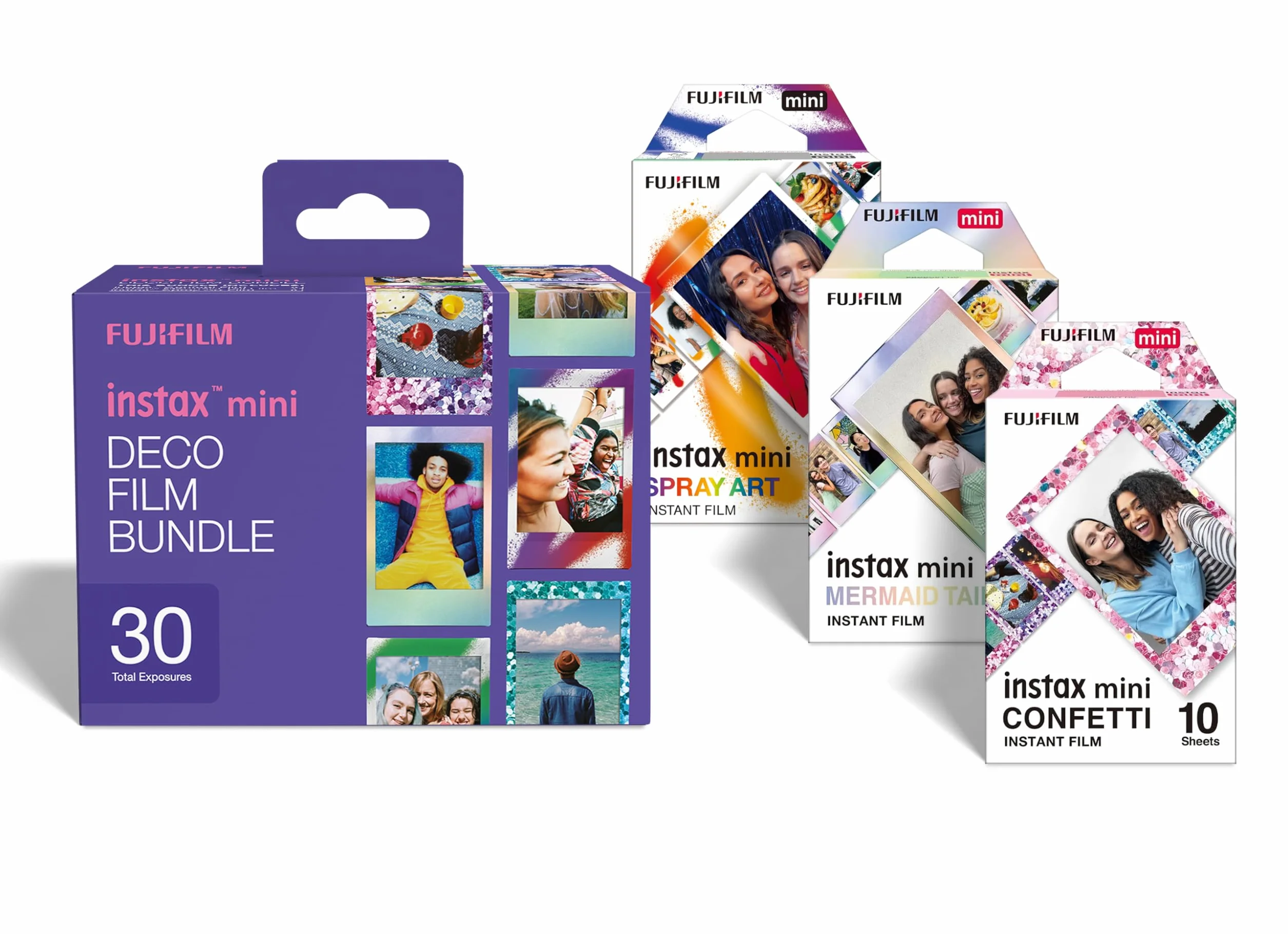 instax mini DECO film bundle pellicole, 30 scatti, 3 pacchi da 10 scatti, motivo bordo Confetti, Mermaind Tail e Spray Art