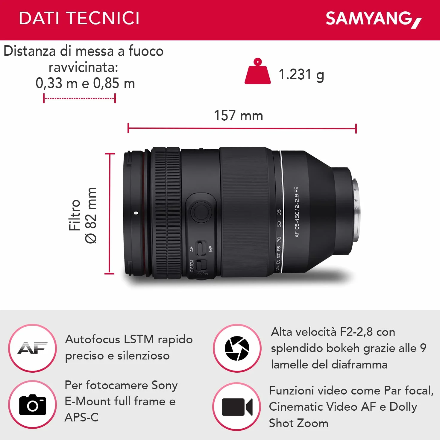Samyang AF 35-150mm F2.0-2.8 FE per Sony E - Obiettivo zoom all-in-one con focale par, AF video cinematografico, zoom Dolly Shot, interruttore personalizzato, protezione dagli agenti atmosferici