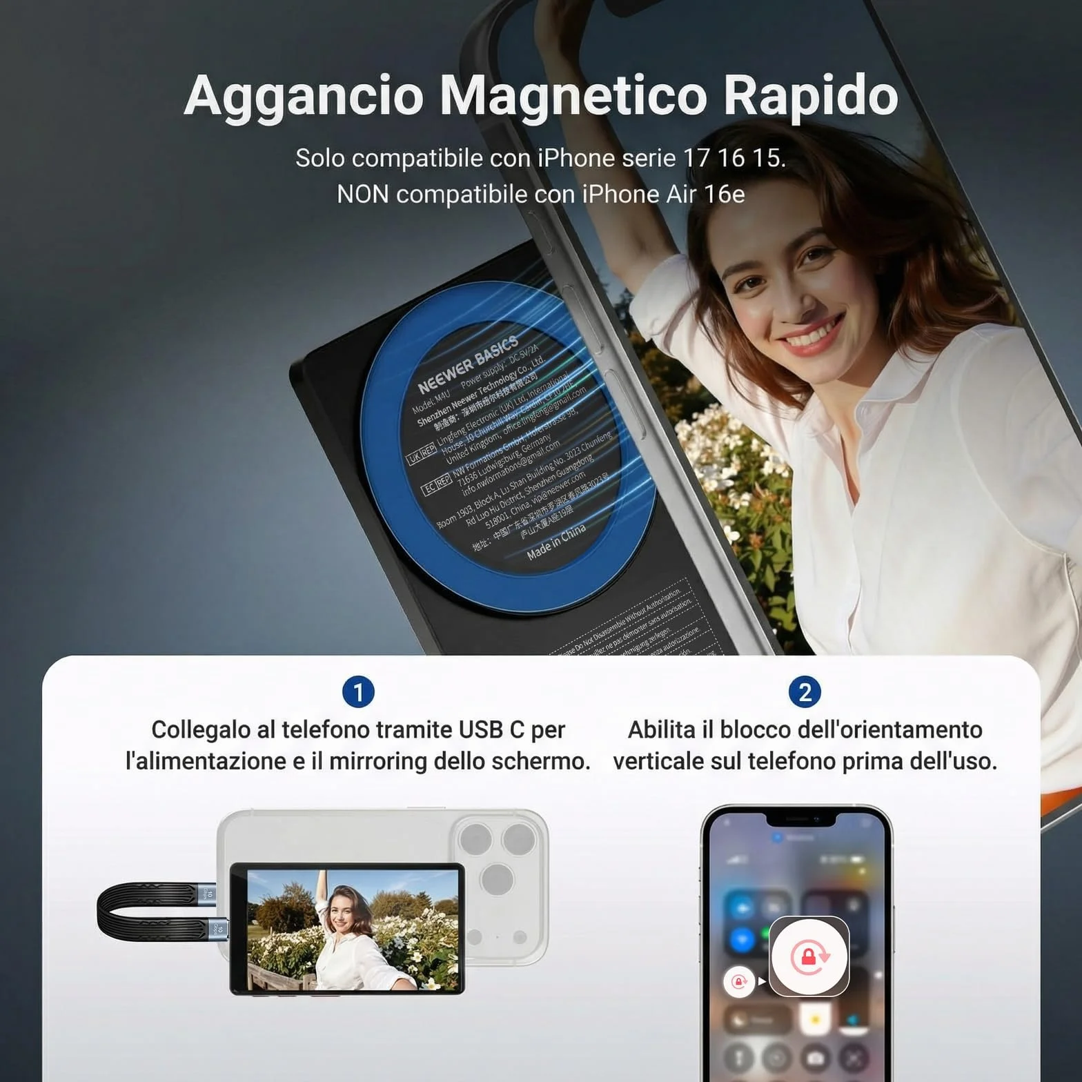 NEEWER BASICS 4" Vlog Selfie Monitor Schermo Magnetico Ultra Sottile per Fotocamera Posteriore, 600nits/Remote per Streaming Riprese Cablata 4K 120fps, Solo Compatibile con iPhone Serie 17 16 15, M4U
