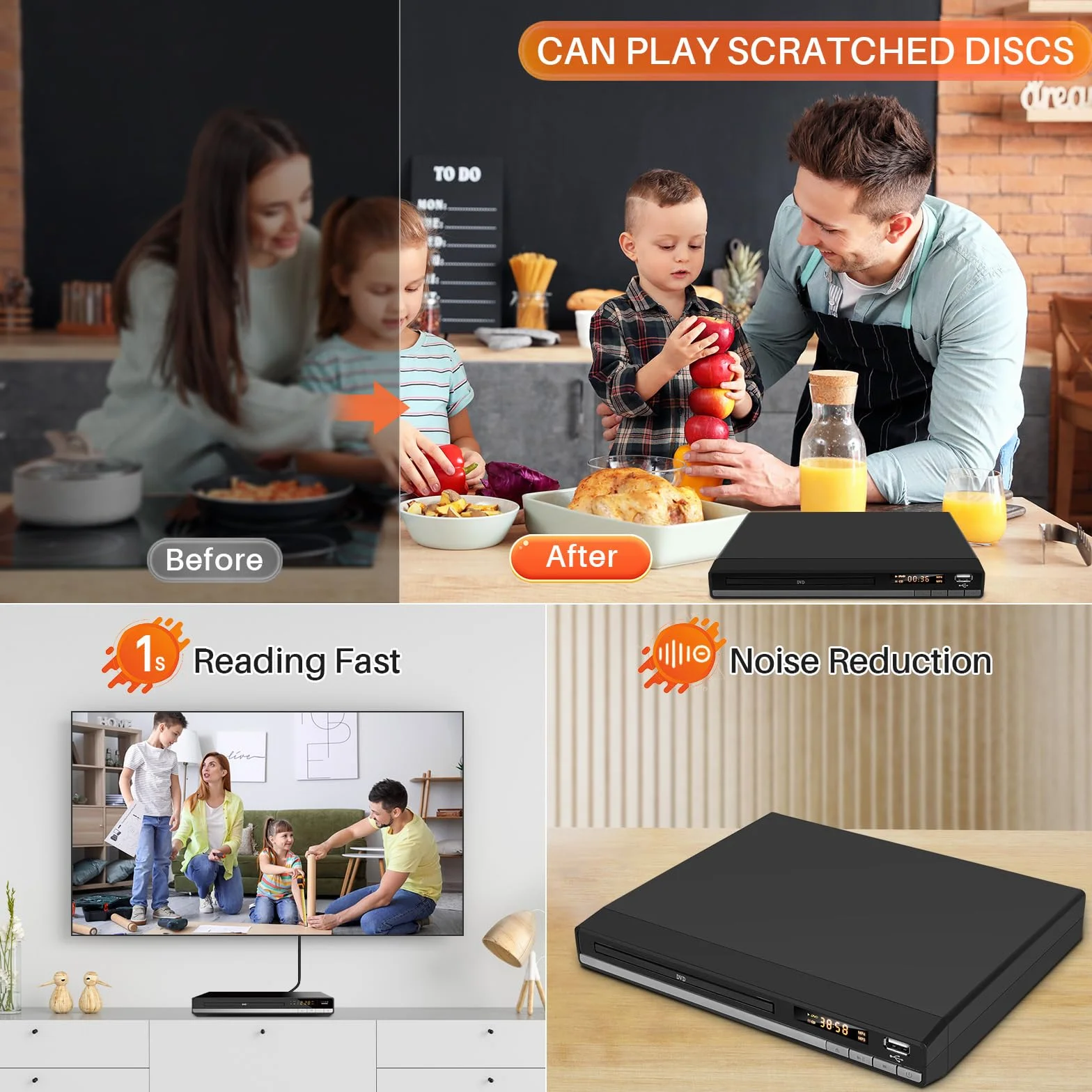 Lettore DVD HD con porta HDMI, region free per Smart TV, Cavo di uscita HDMI/RCA incluso, Memoria di pausa, PAL/NTSC integrato, Lettori CD per la casa (non Blu-ray)