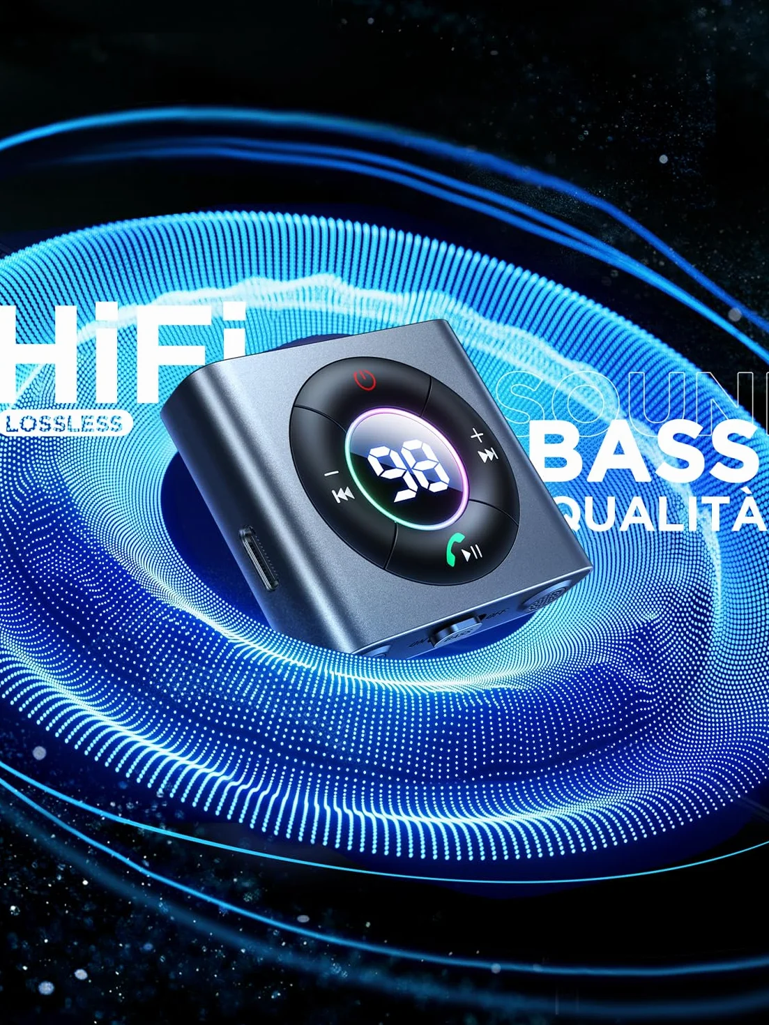JOYROOM Ricevitore Bluetooth 5.4 Auto Bass Stereo, Jack Aux 3,5mm Chiamate in Vivavoce, 26 Ore Autonomia