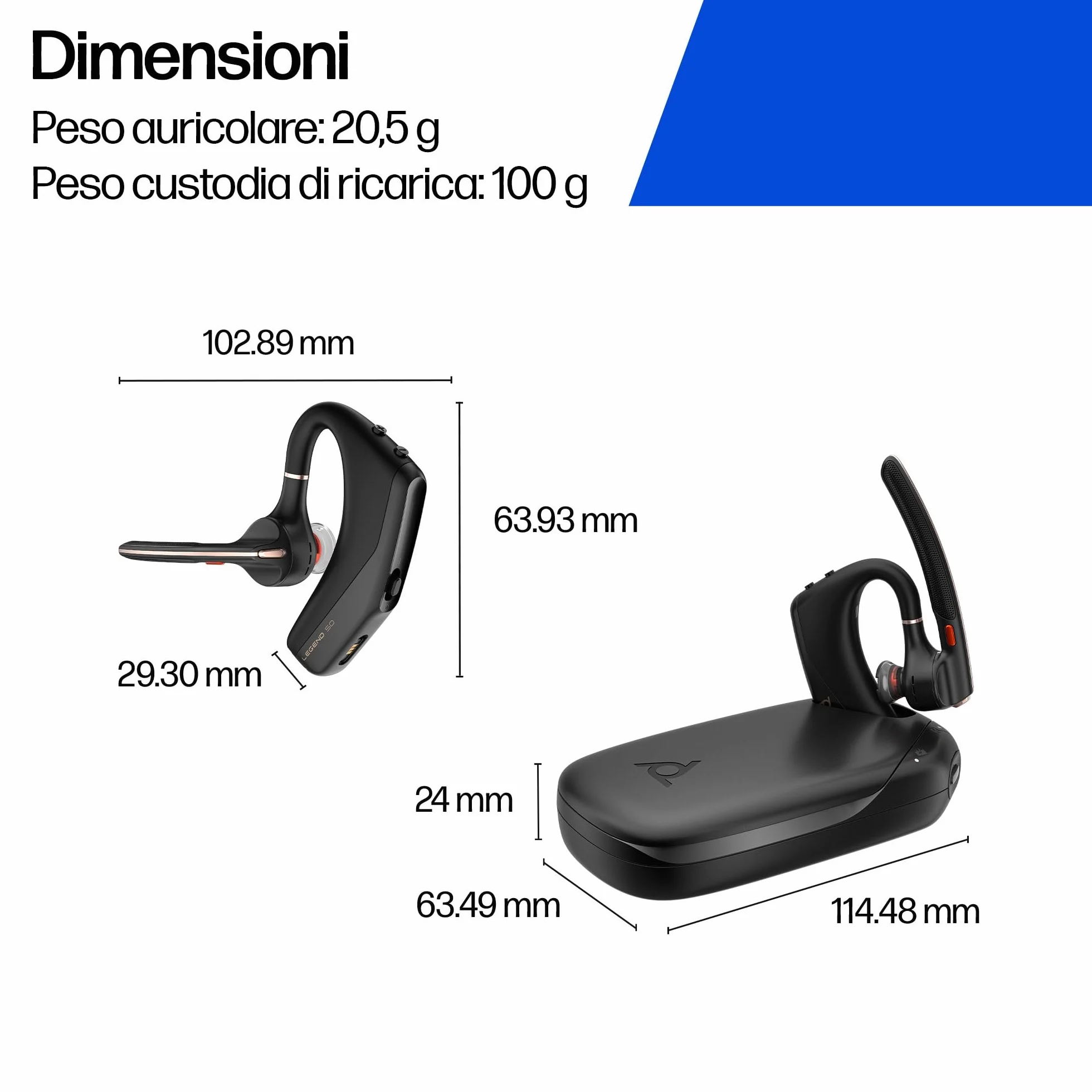 Poly Voyager Legend 50-M Headset UC con quattro microfoni, cancellazione del rumore, tecnologia Poly Noise Block, custodia di ricarica portatile, sensori intelligenti, comandi rapidi