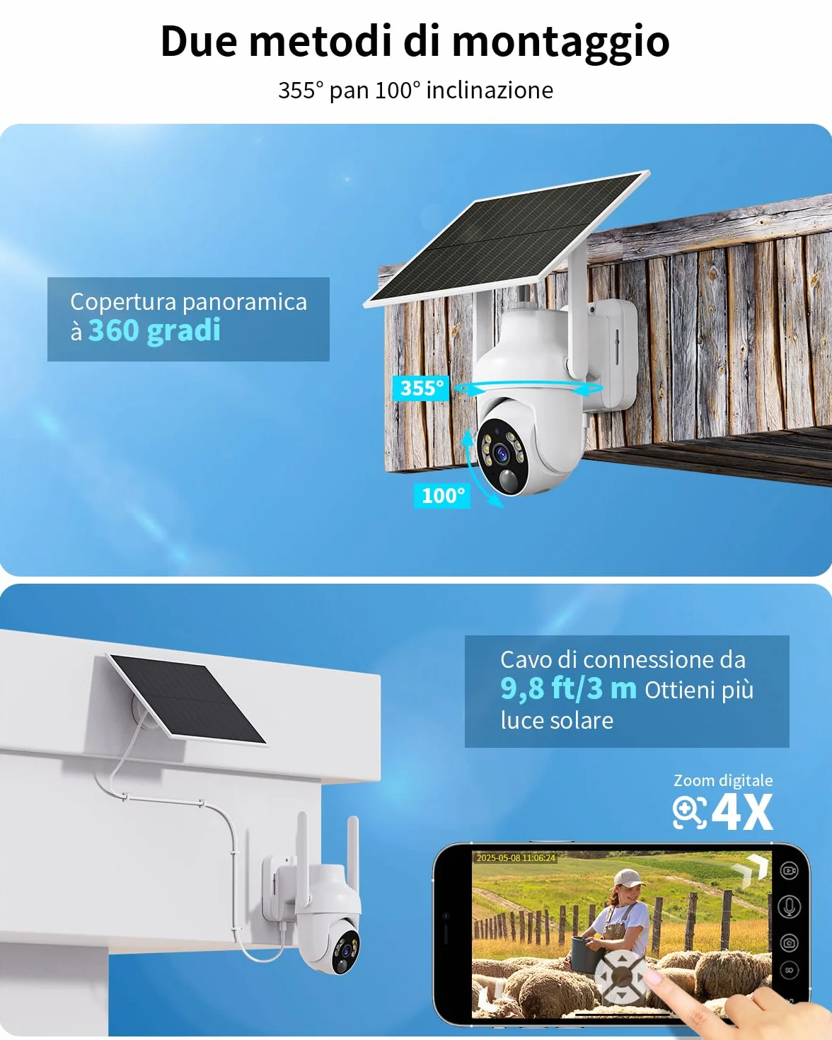 SEHMUA 4G LTE Telecamera Esterno con SIM e pannello solare, 2K Telecamere Batterie Senza Fili, 360° PTZ Videocamera Sorveglianza, Visione Notturna, PIR Rilevamento, Audio Bidirezionale, IP66, 2 Pezzi