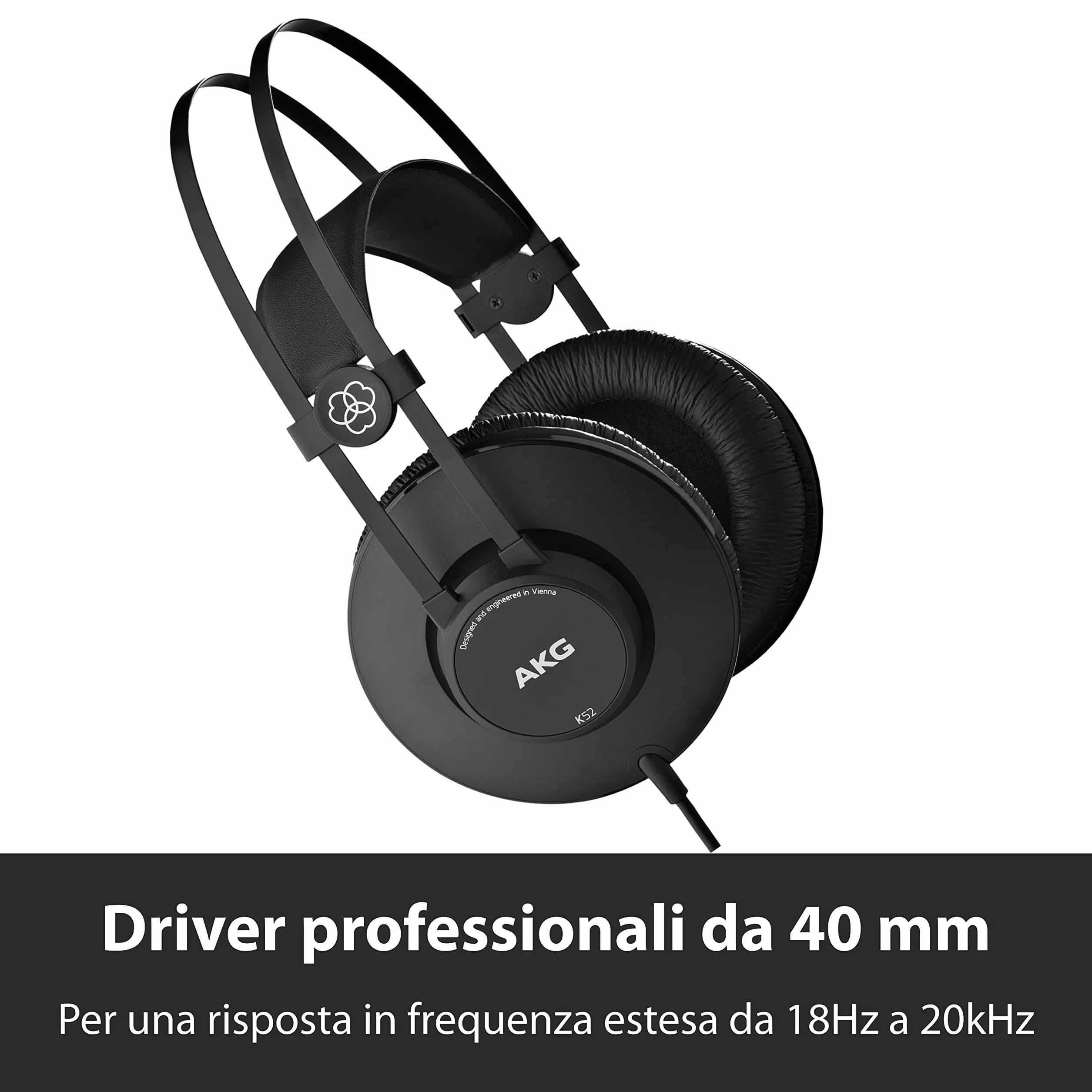 AKG K52 Cuffie da studio chiuse con cavo, adattatori 3,5 mm e 1/4", cavo 3 m - Nero