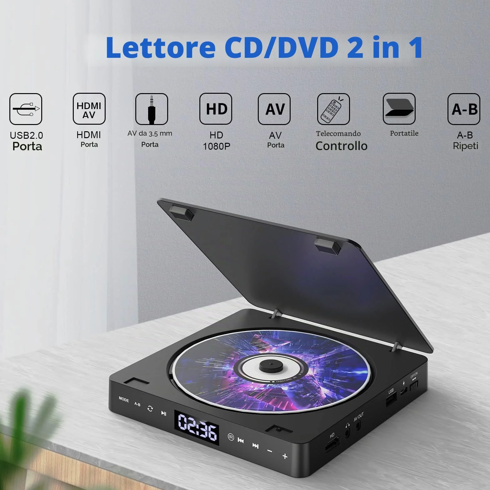 Gueray Lettore DVD per TV Tutte le regioni Free Portatile Mini DVD CD Lettore con HD 1080P HDMI/AV USB/3.5MM AUX Port, Includere Telecomando HDMI & Cavo AV (dvd-708)