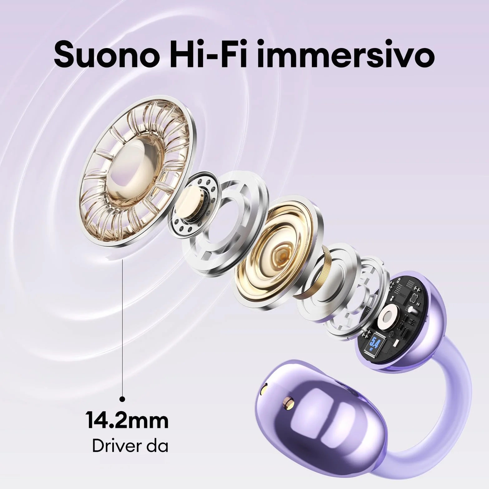 ZOMBIES CAT Auricolari Open Ear Clip-on con Schermo Touch Intelligente – Cuffie Bluetooth 5.4, Audio HiFi, Controllo Musicale & Volume, Auricolari Bluetooth per Sport,M100 Viola