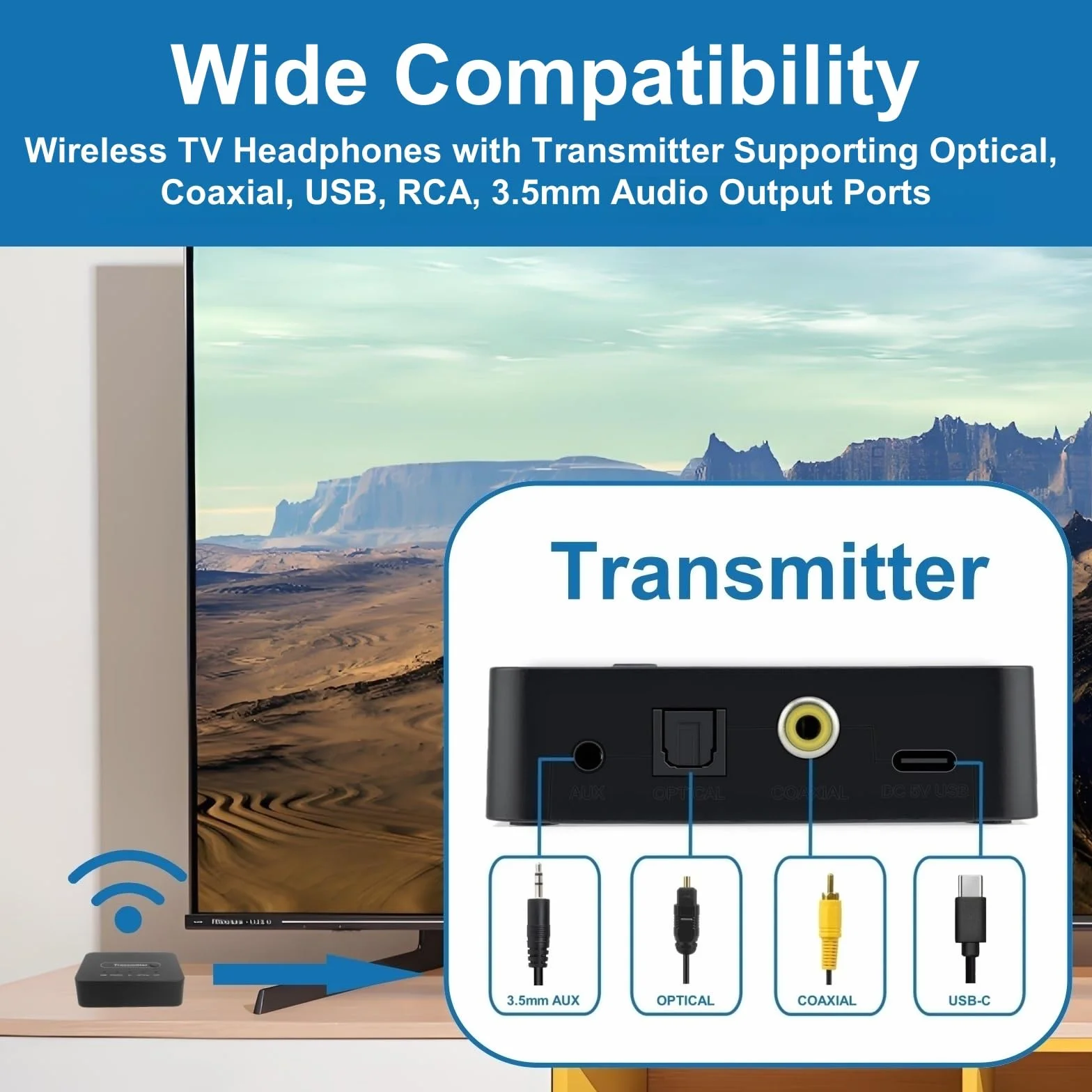 Cuffie TV Senza Fili ANC per Anziani - Riduzione Attiva del Rumore, Pieghevoli Bluetooth 5.3 Cuffie TV con Trasmettitore 5-in-1 (Ottico/Coassiale/USB/RCA/AUX), Audio Hi-Fi, 35H Autonomia