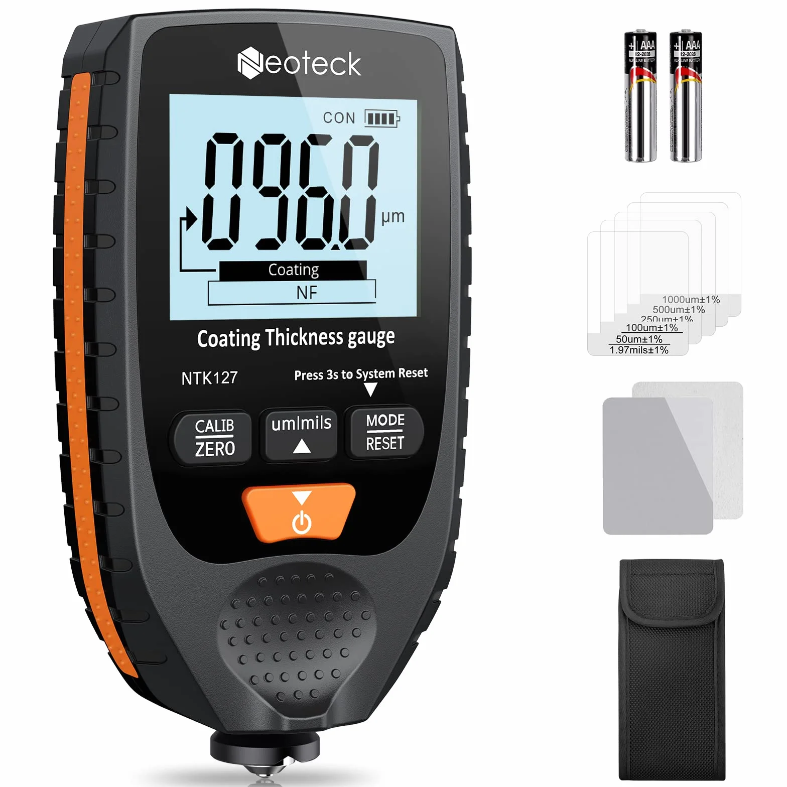 Neoteck Spessimetro per Vernice Auto Digitale 0-1500um Handheld LCD Misuratore di Spessore del Rivestimento Set Tester di Spessore della Vernice per Auto di Metallo Sonda Fe NFe - Arancione