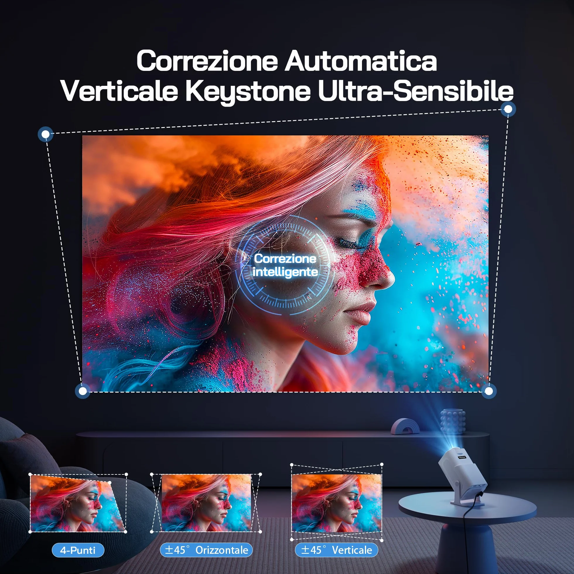 WOLFANG 4K Mini Proiettore【App Integrata/Netflix Ufficiale】, 26000 Lumen Proiettore Portatile con WiFi 6, 50% Zoom, Ruotabile 180° Videoproiettore per Home Theater/TV Stick/iOS/Android/PC/PS5/HDMI/AV